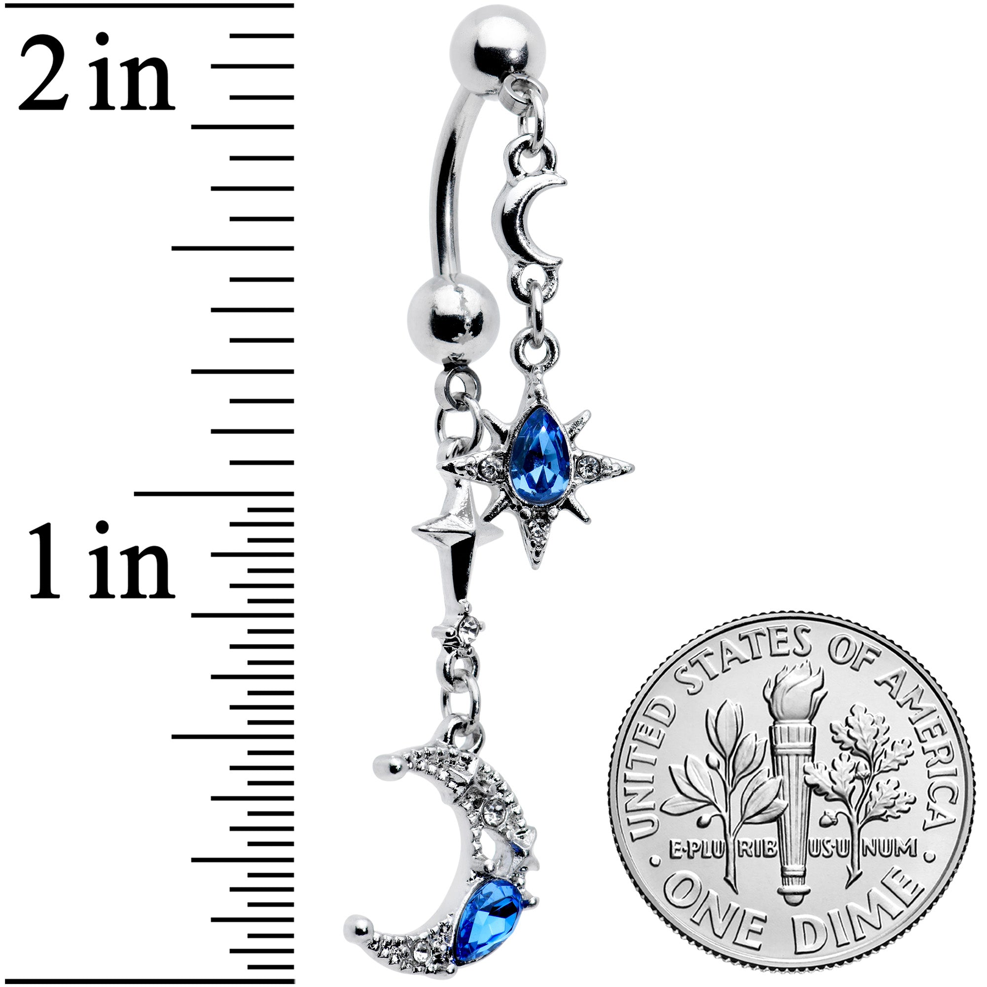 Clear Blue Gem Crescent Moon Star Double Mount Dangle Belly Ring