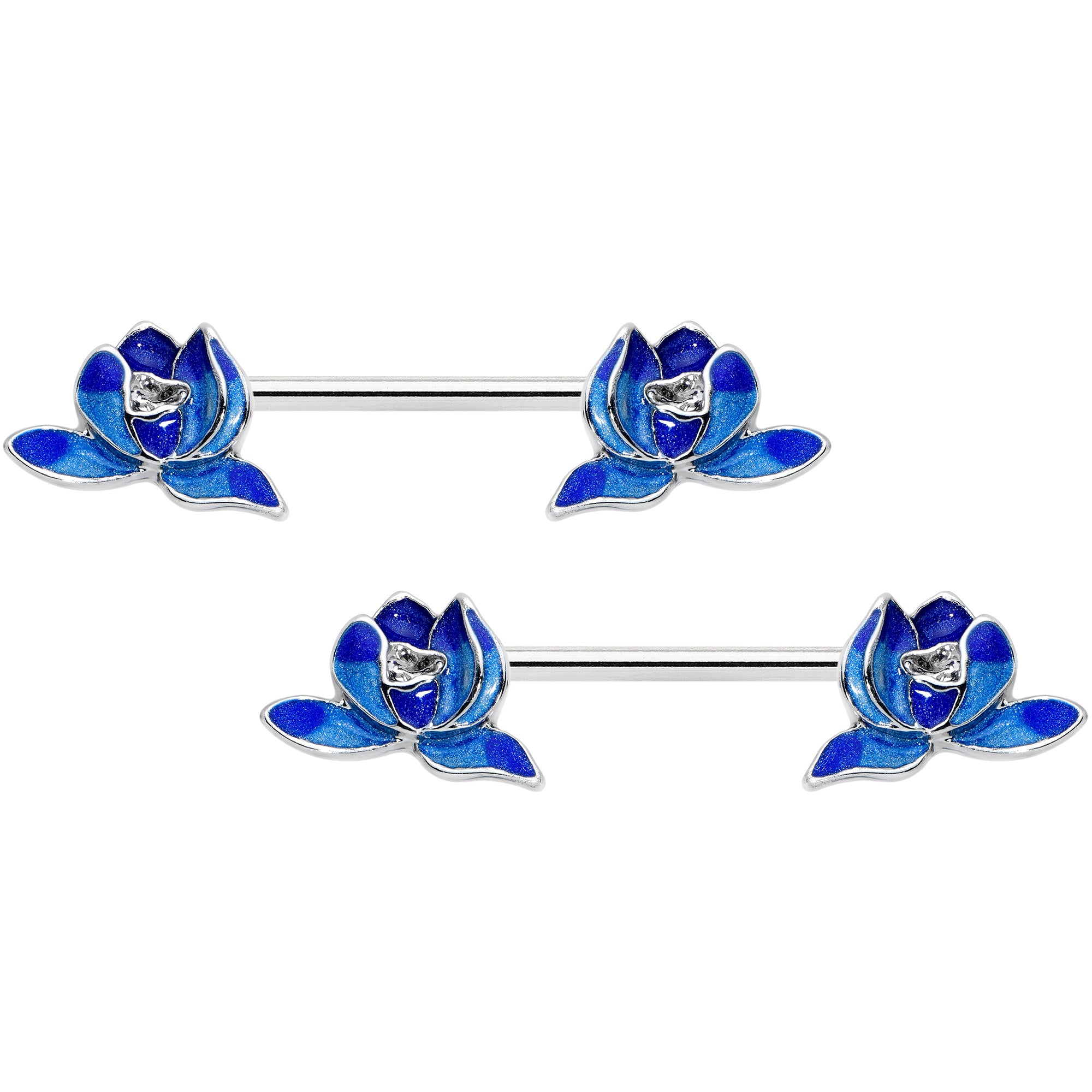 14G 9/16 Lovely Blue Lotus Flowers Barbell Nipple Ring Set