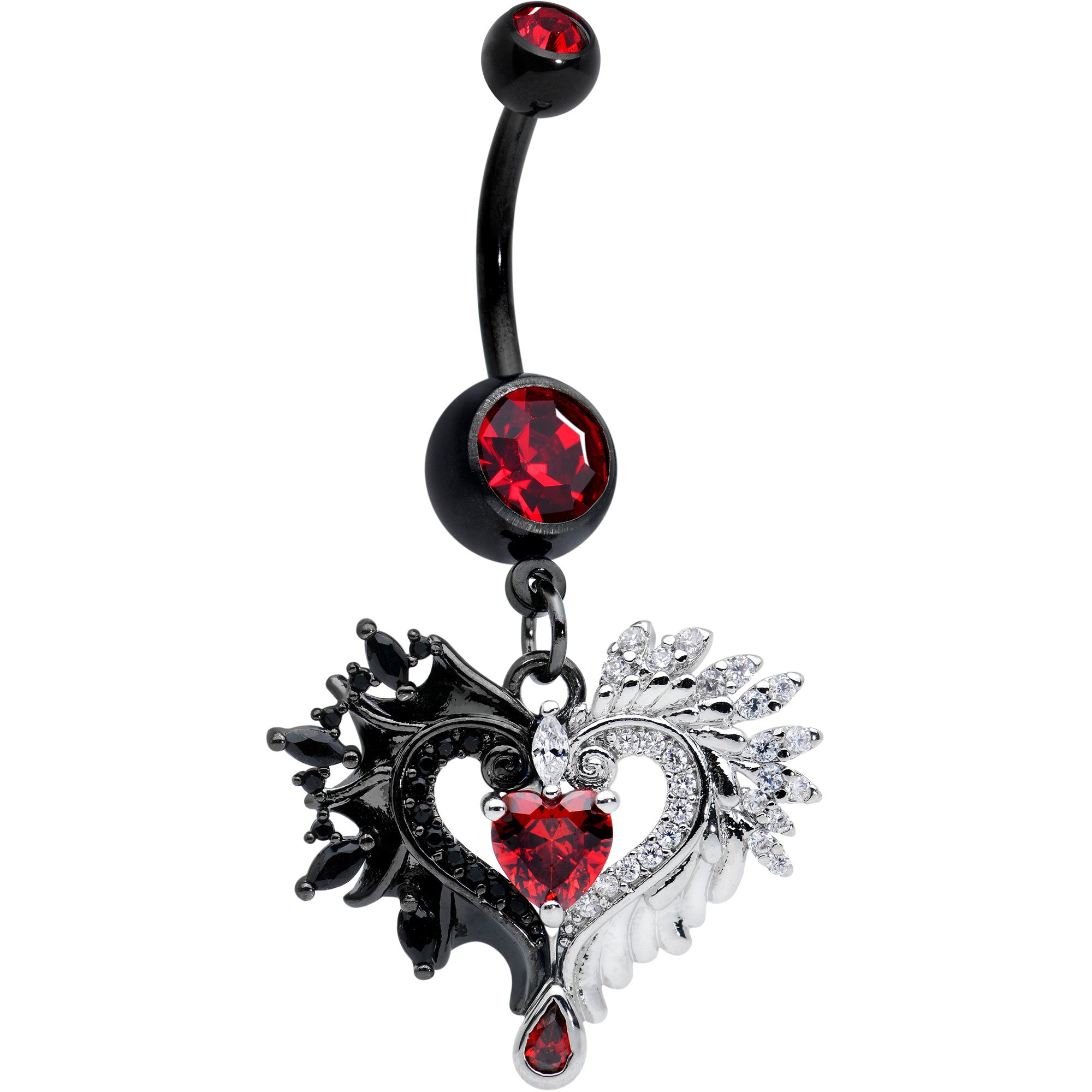 Red CZ Gem Black Elegant Winged Heart Valentines Day Dangle Belly Ring