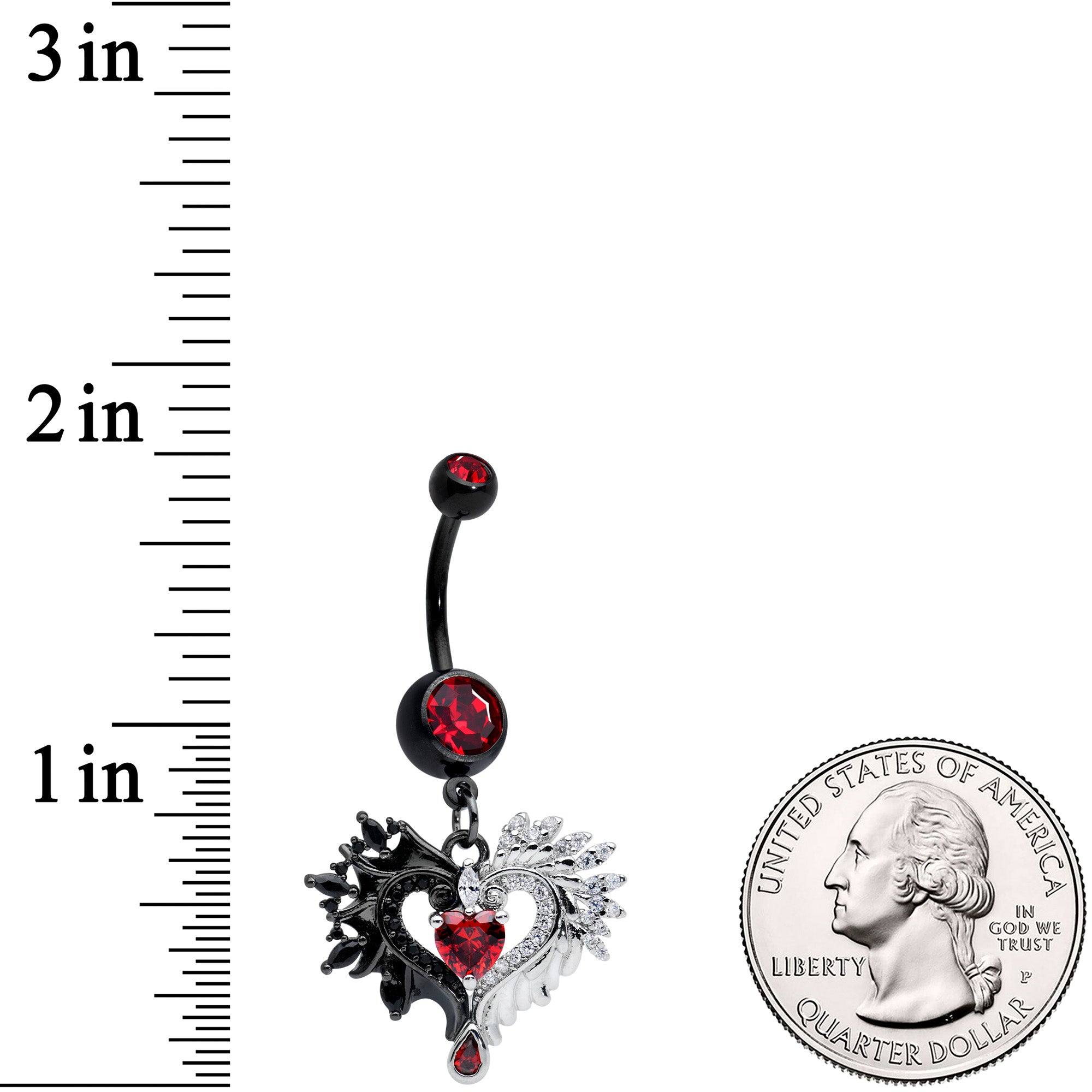 Red CZ Gem Black Elegant Winged Heart Valentines Day Dangle Belly Ring