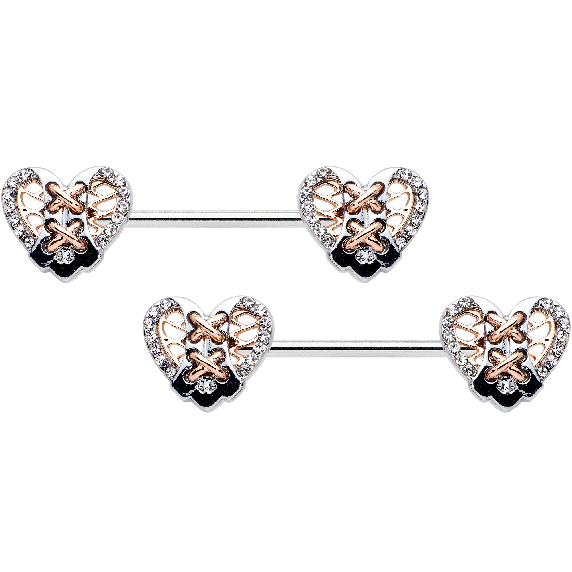 14G 9/16 Clear Gem Tie Me Up Corset Heart Barbell Nipple Ring Set