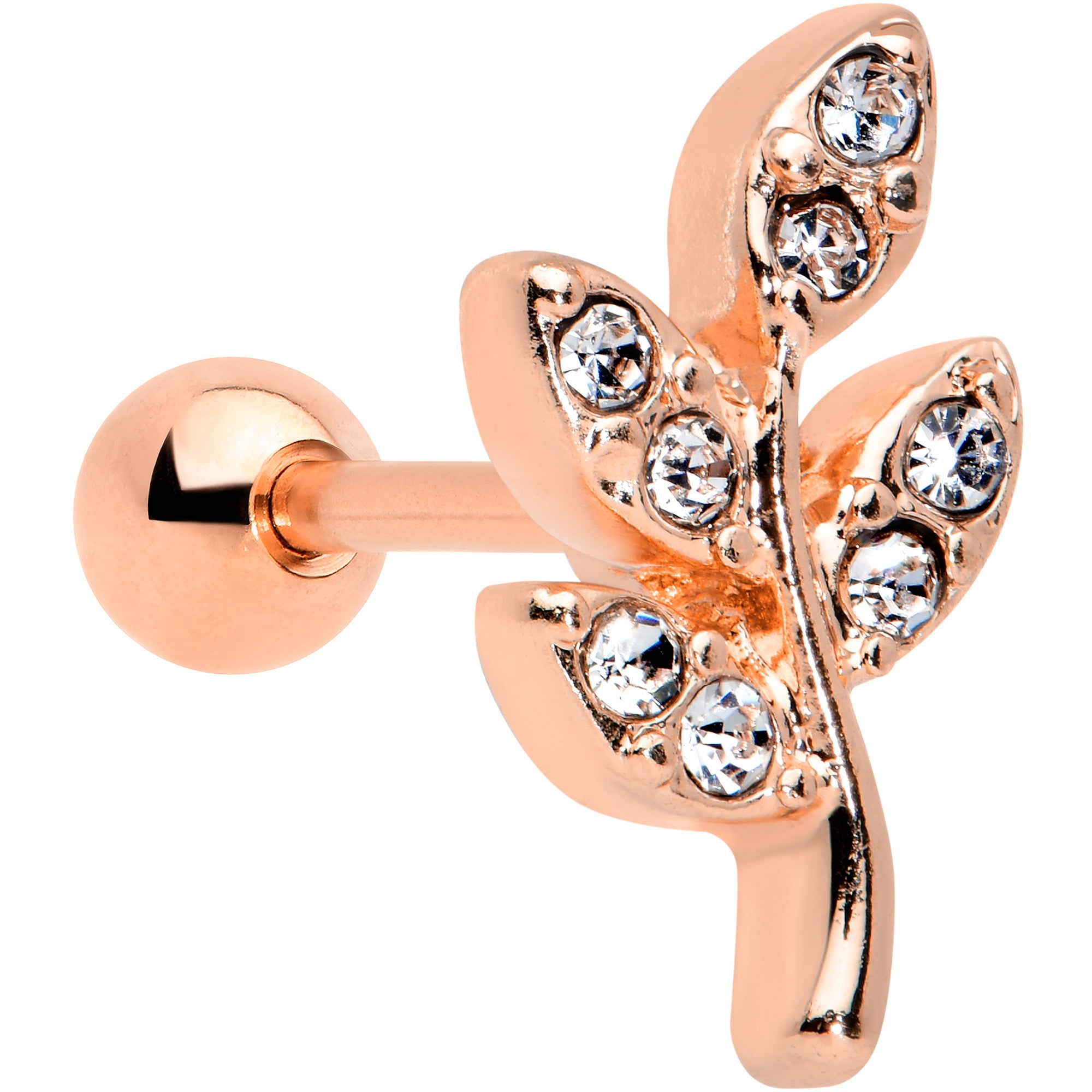16G 1/4 Clear Gem Rose Gold Tone Lush Leaves Cartilage Tragus