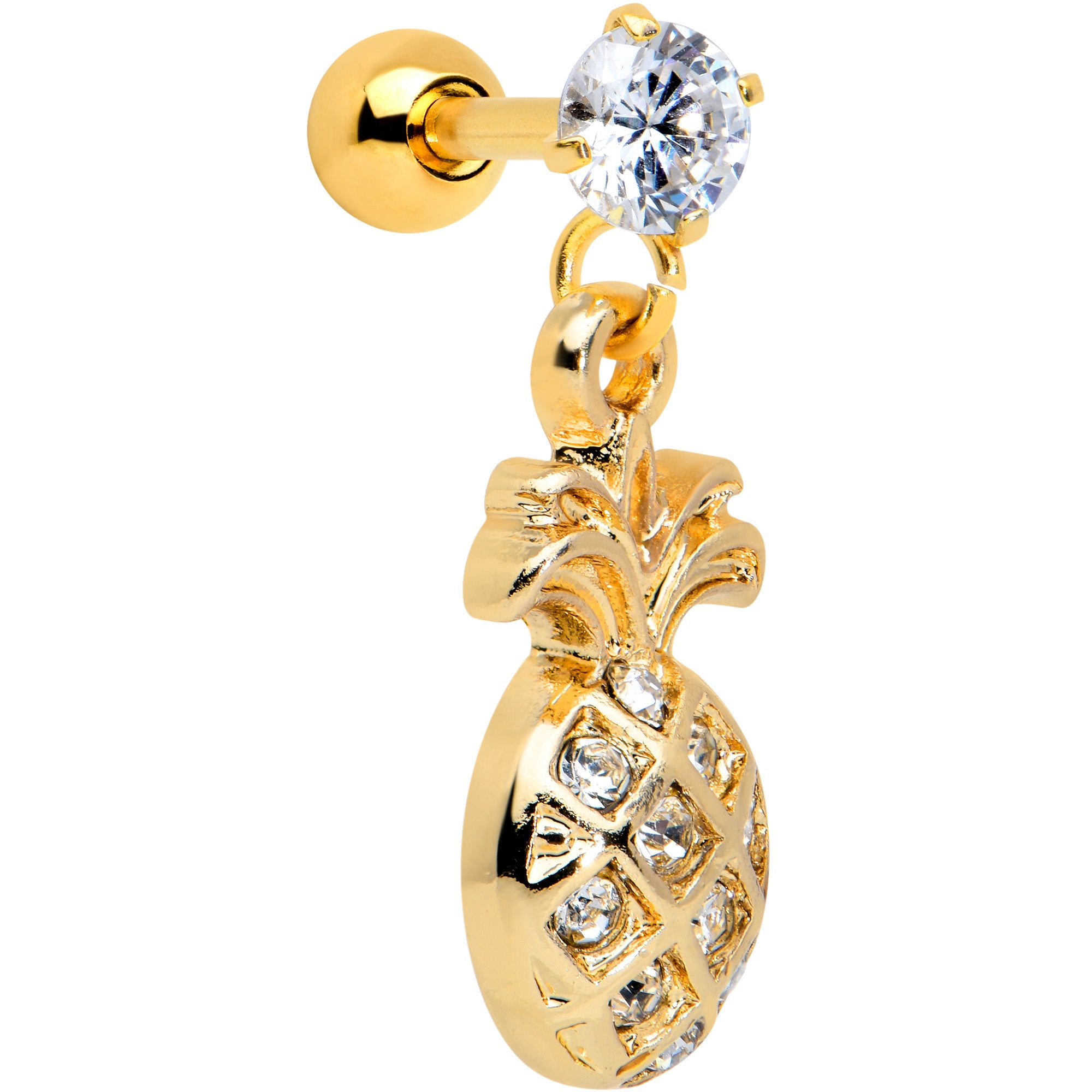16G 1/4 Clear Gem Gold Tone Pineapple Dangle Cartilage Tragus