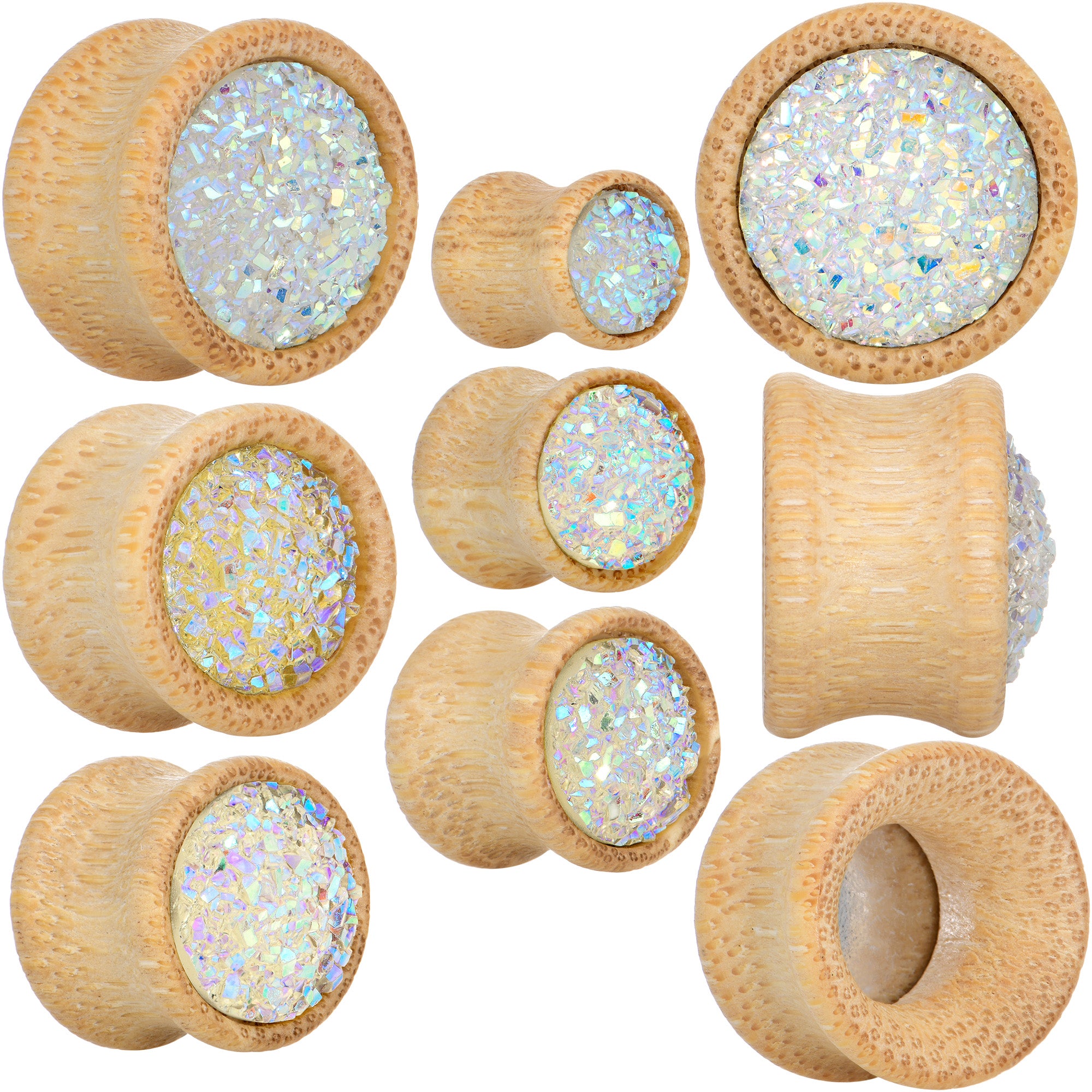 5/8 White Druzy Stone Wood Saddle Plug Set