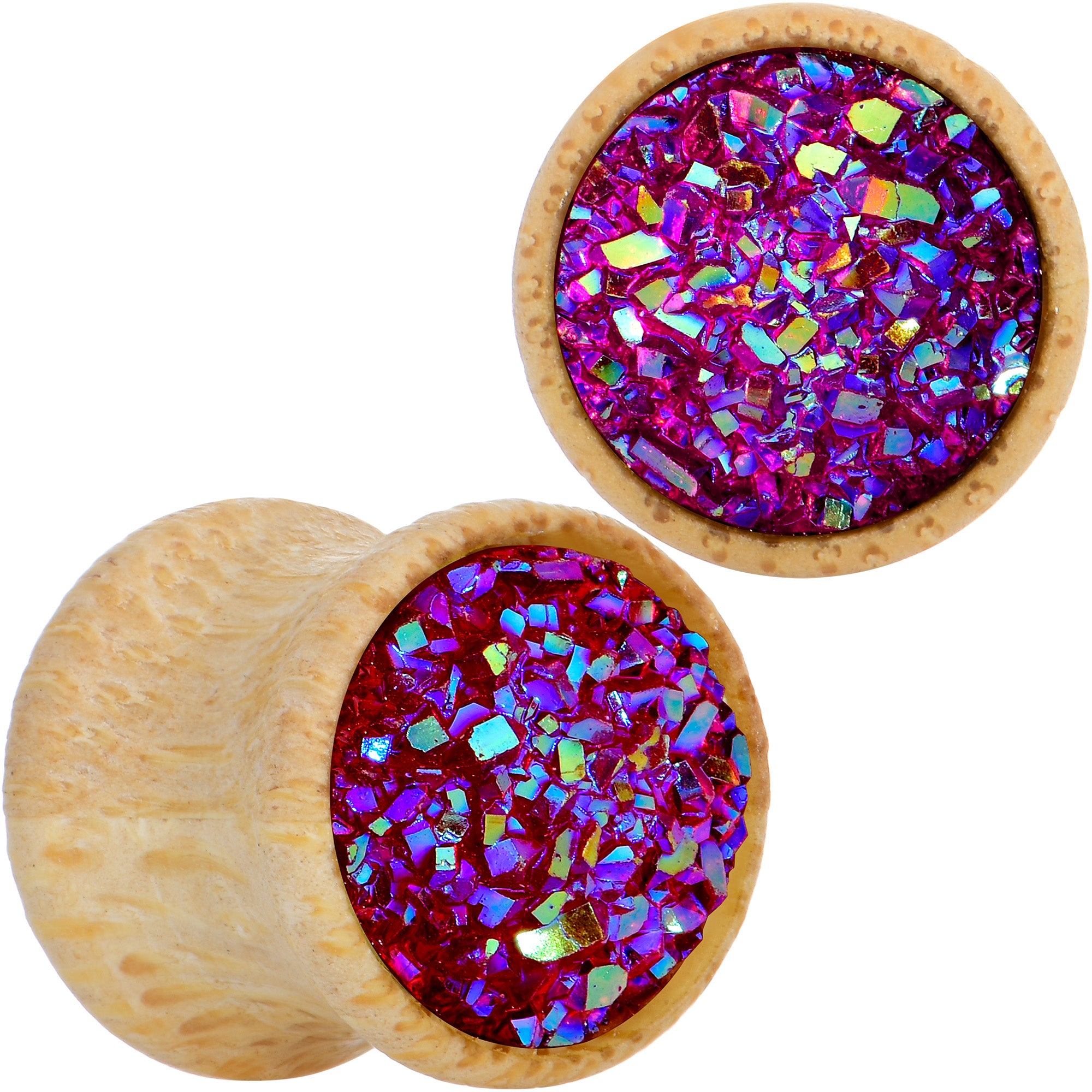 Pink Druzy Stone Wood Saddle Plug Set