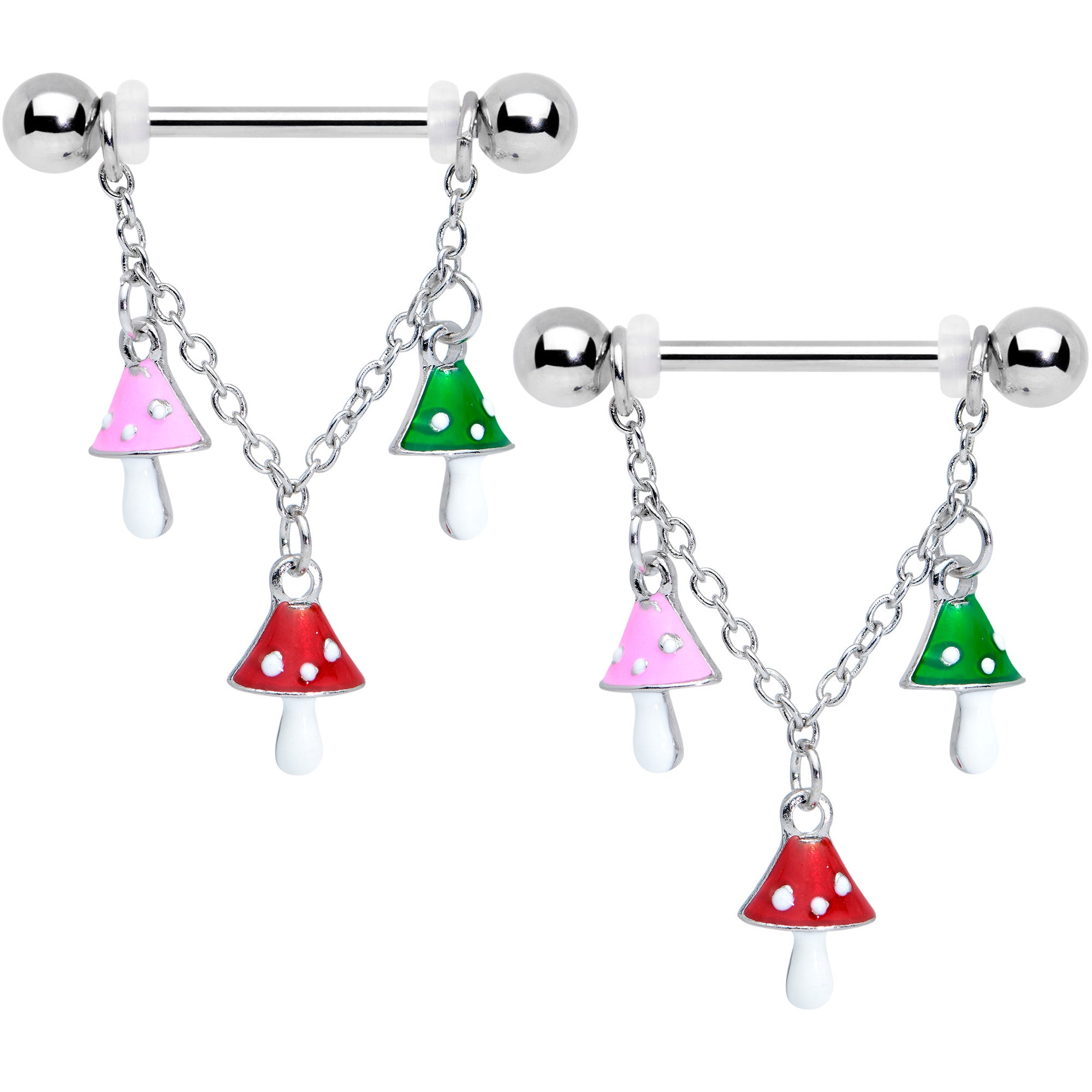 14G 9/16 Pink Green Red Mushroom Chain Dangle Nipple Ring Set