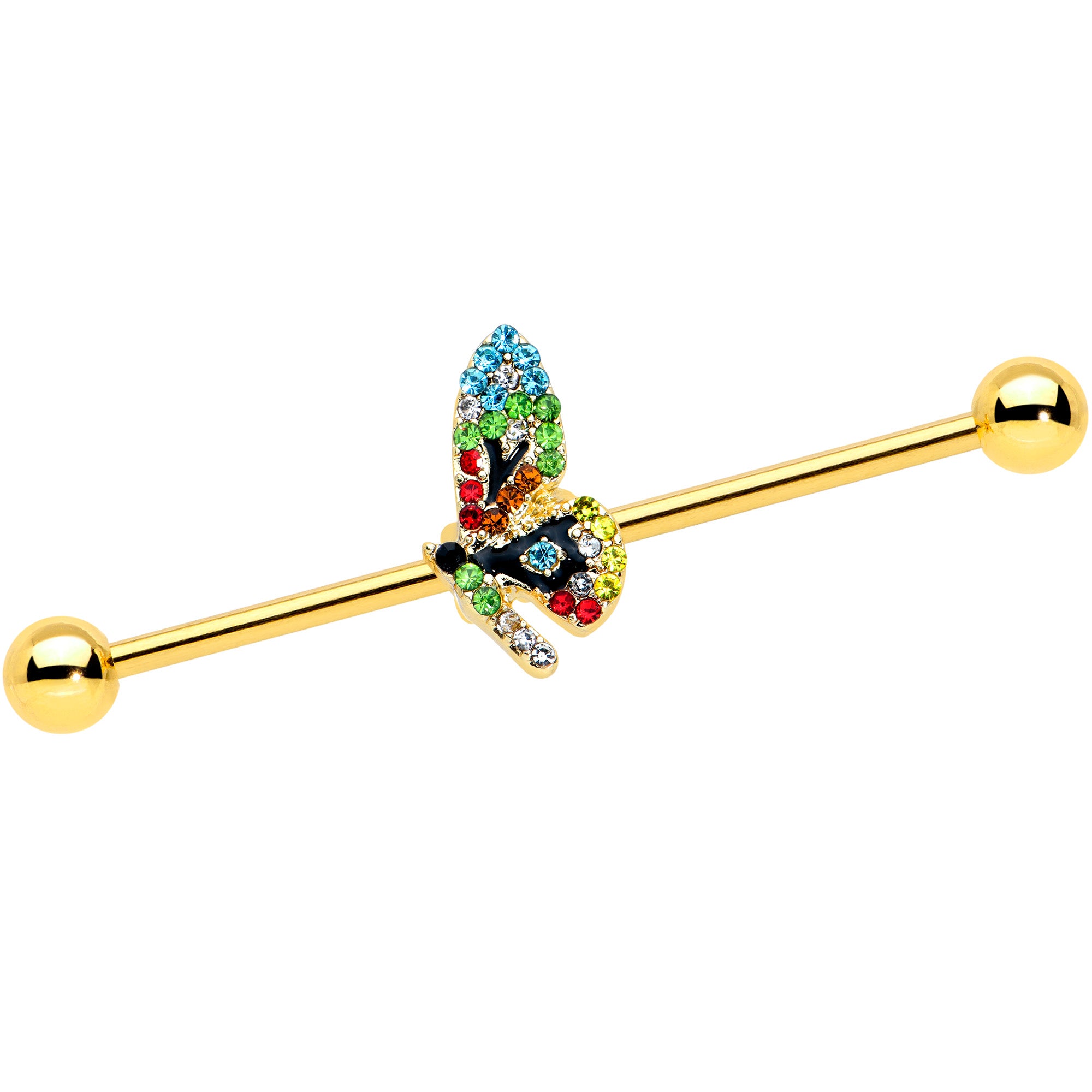 14G Blue Gem Gold Tone Glitz Dragonfly Industrial Barbell 38mm