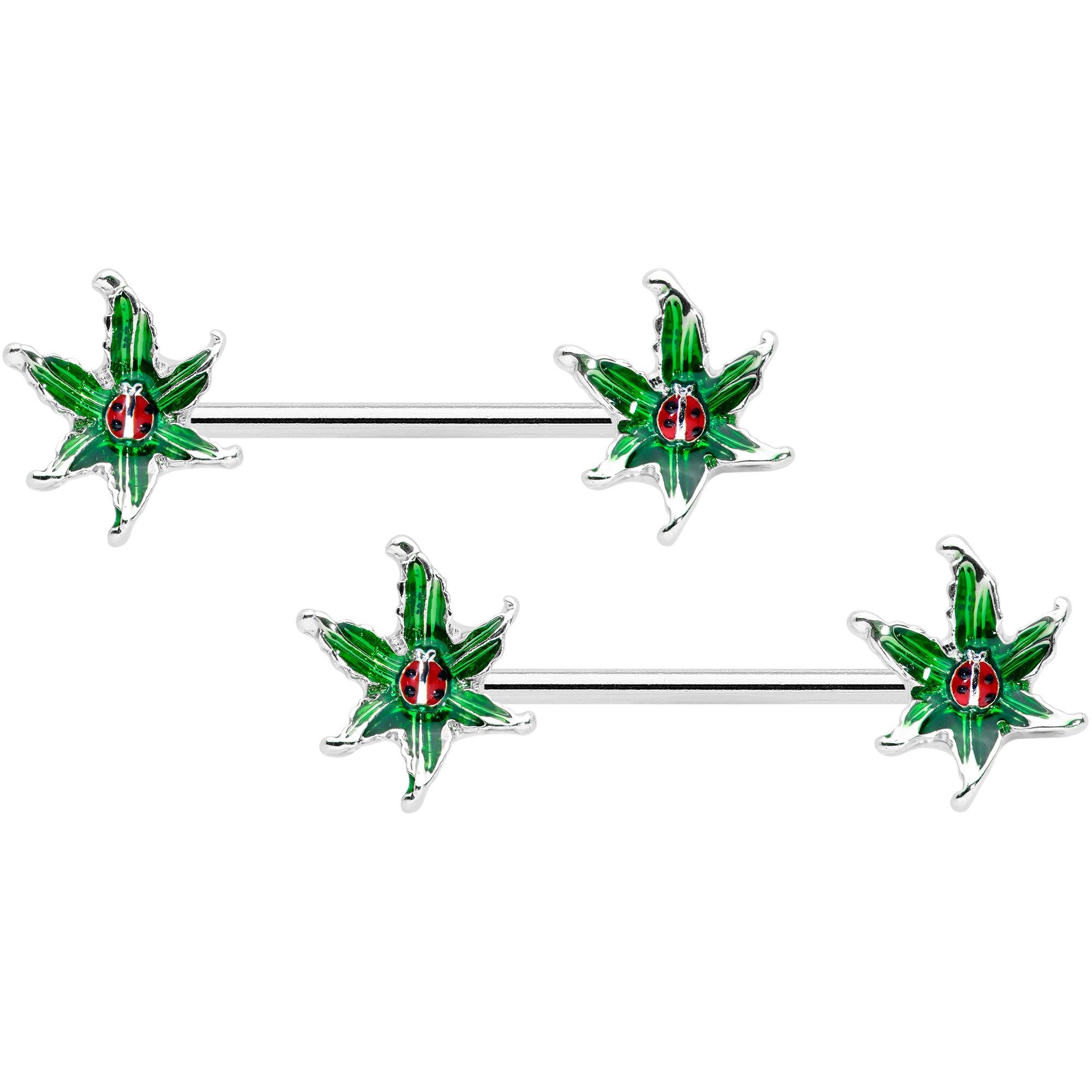 14G 9/16 Tiny Ladybug Leaves Barbell Nipple Ring Set