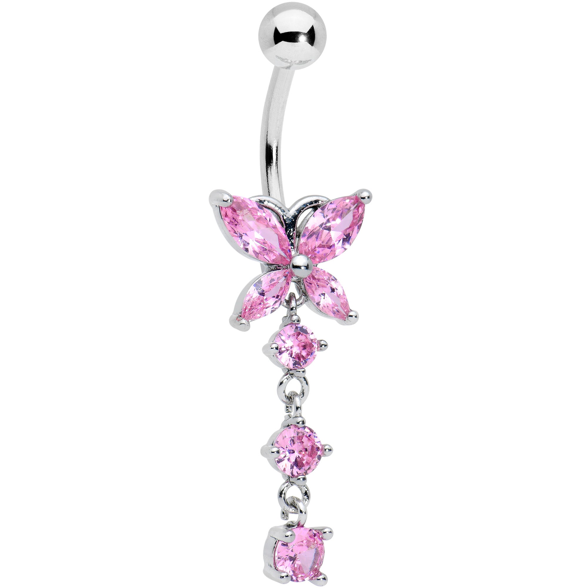 Pink CZ Gem Open Wing Butterfly Dangle Belly Ring