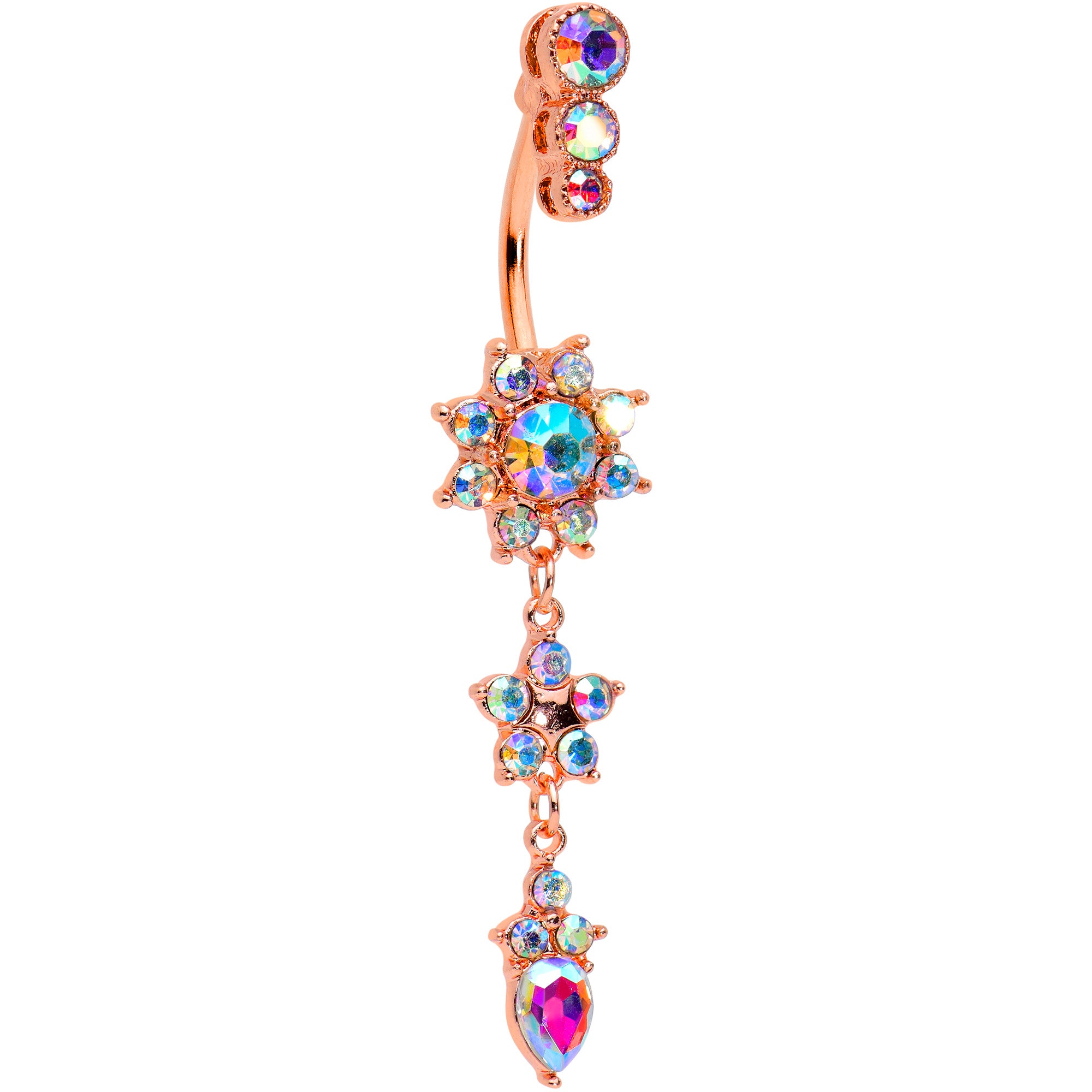 Aurora Gem Rose Gold Tone Triple Drop Star Dangle Belly Ring