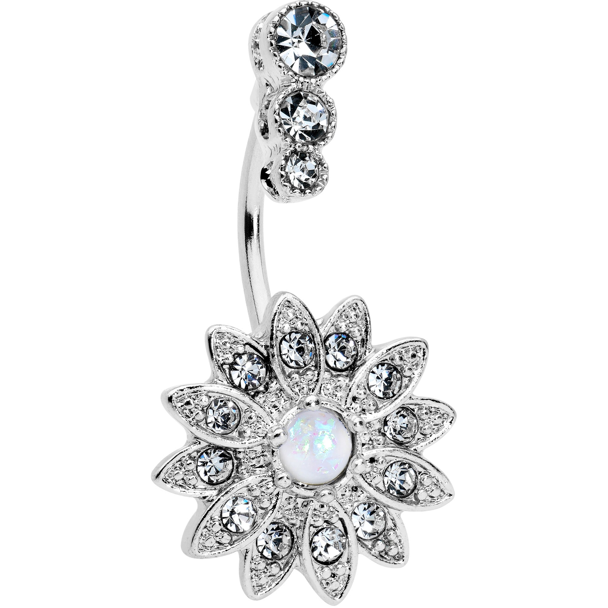 White Faux Opal Clear Gem Triple Drop Floral Belly Ring