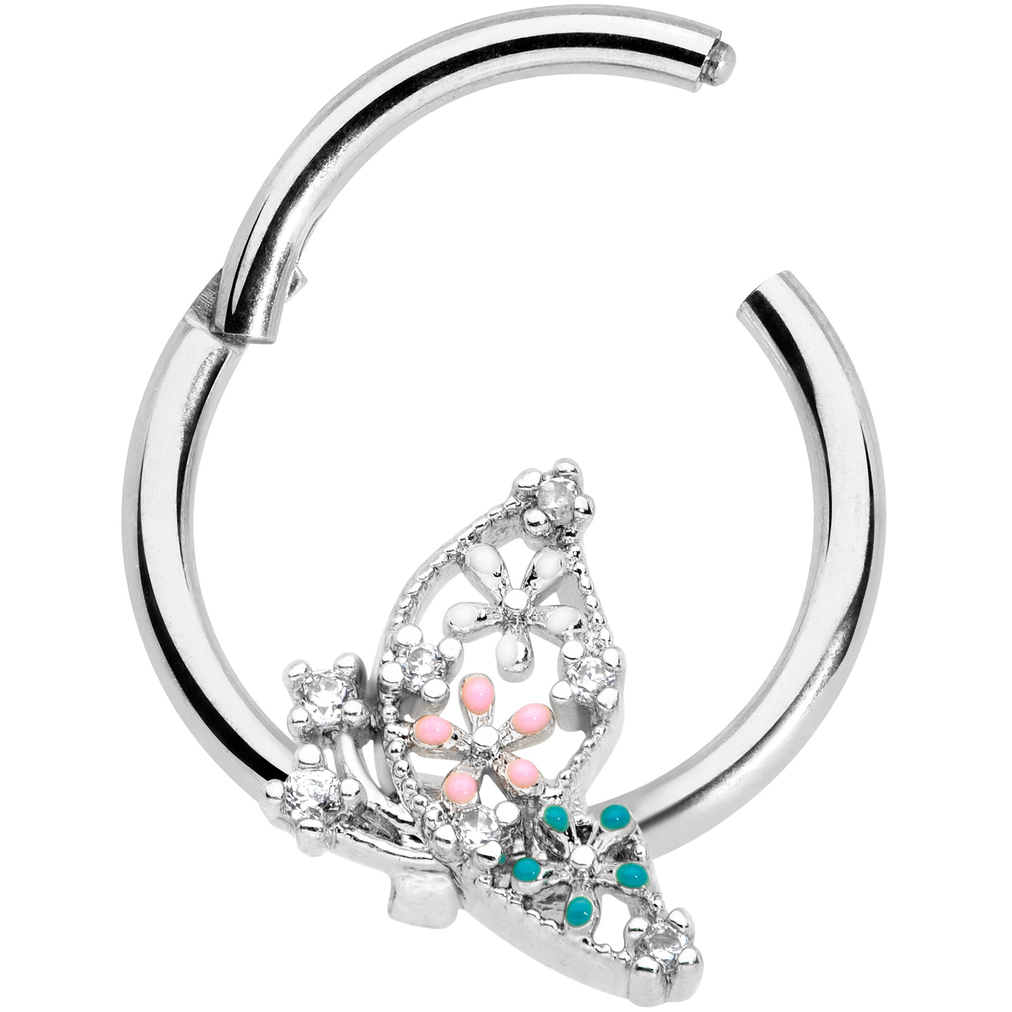 16G 3/8 Clear CZ Gem Abstract Butterfly Hinged Segment Ring