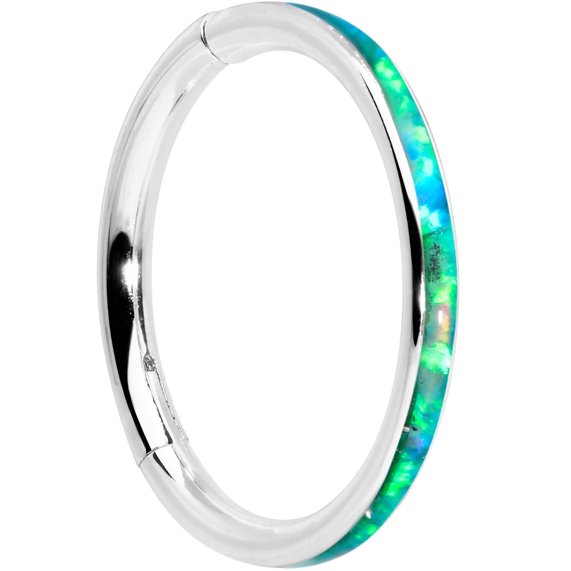 16G 3/8 Green Synthetic Opal Forward Facing Hinged Segment Ring
