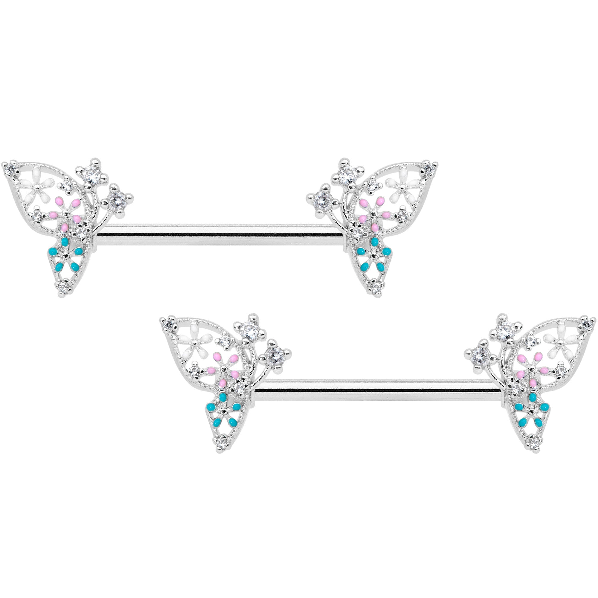14G 9/16 Clear CZ Gem Abstract Butterfly Barbell Nipple Ring Set