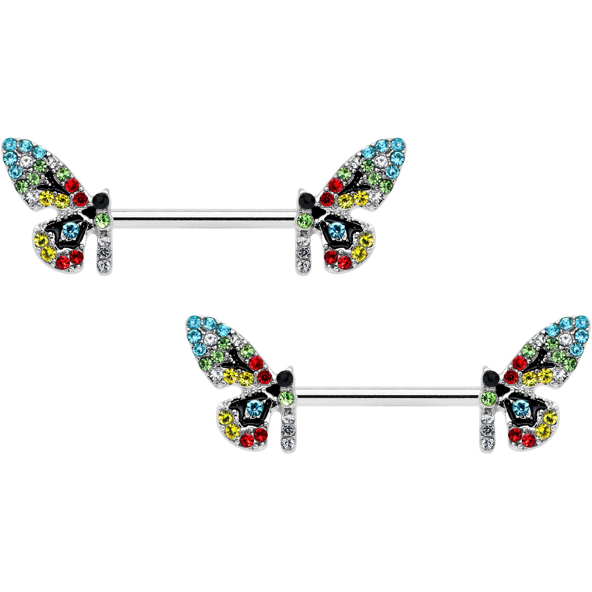 14G 9/16 Red Blue Gem Multi Butterfly Barbell Nipple Ring Set