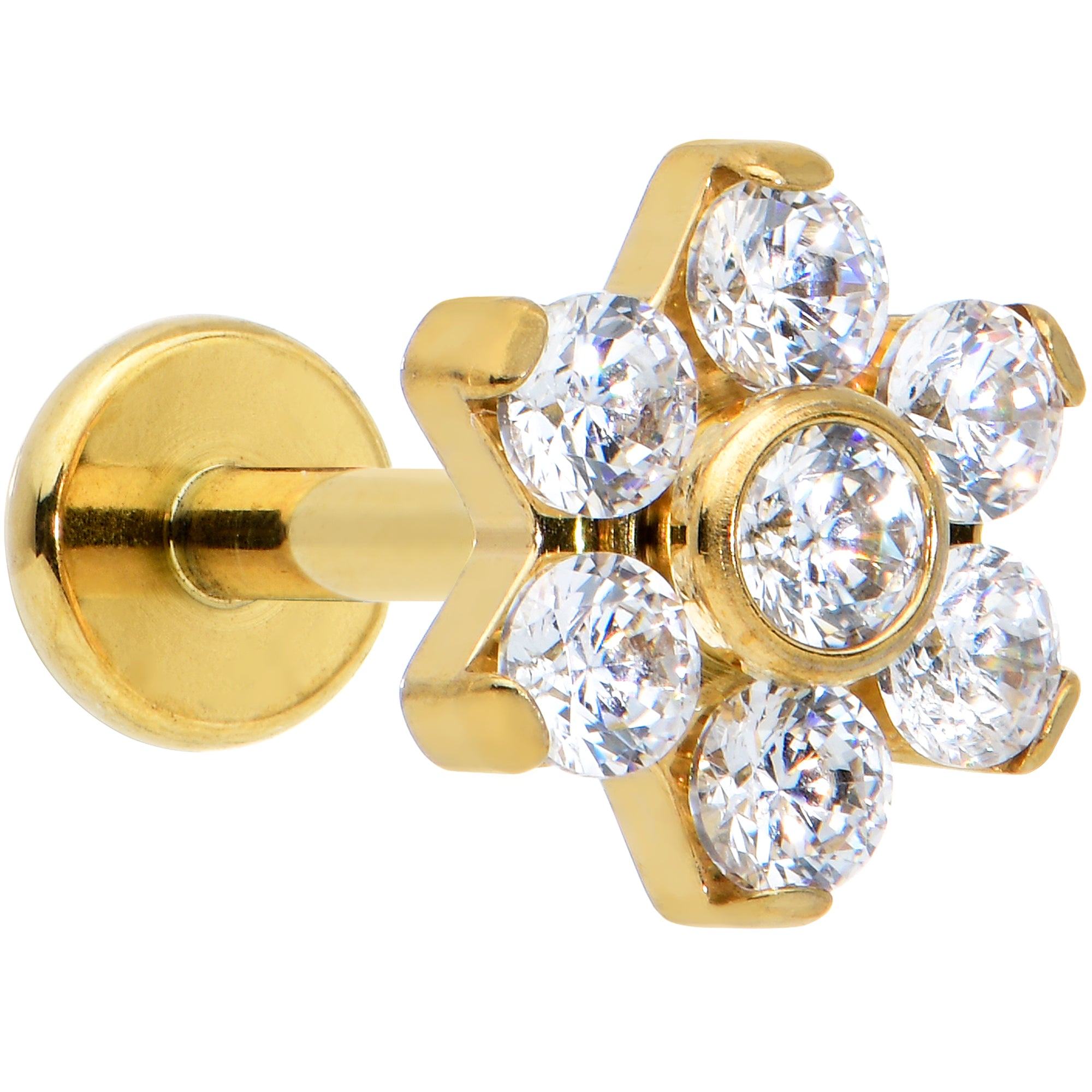 16G 1/4 Clear CZ Gem Gold Tone G23 Titanium Flower Labret Tragus