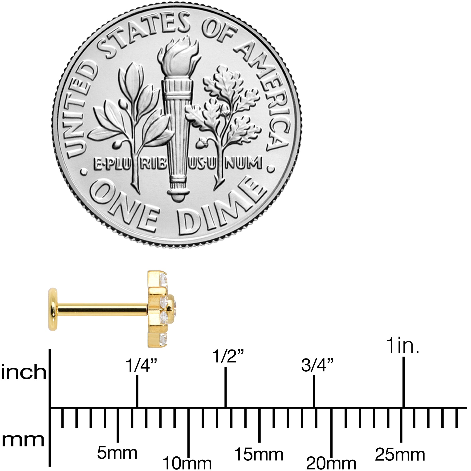 16G 1/4 Clear CZ Gem Gold Tone G23 Titanium Flower Labret Tragus