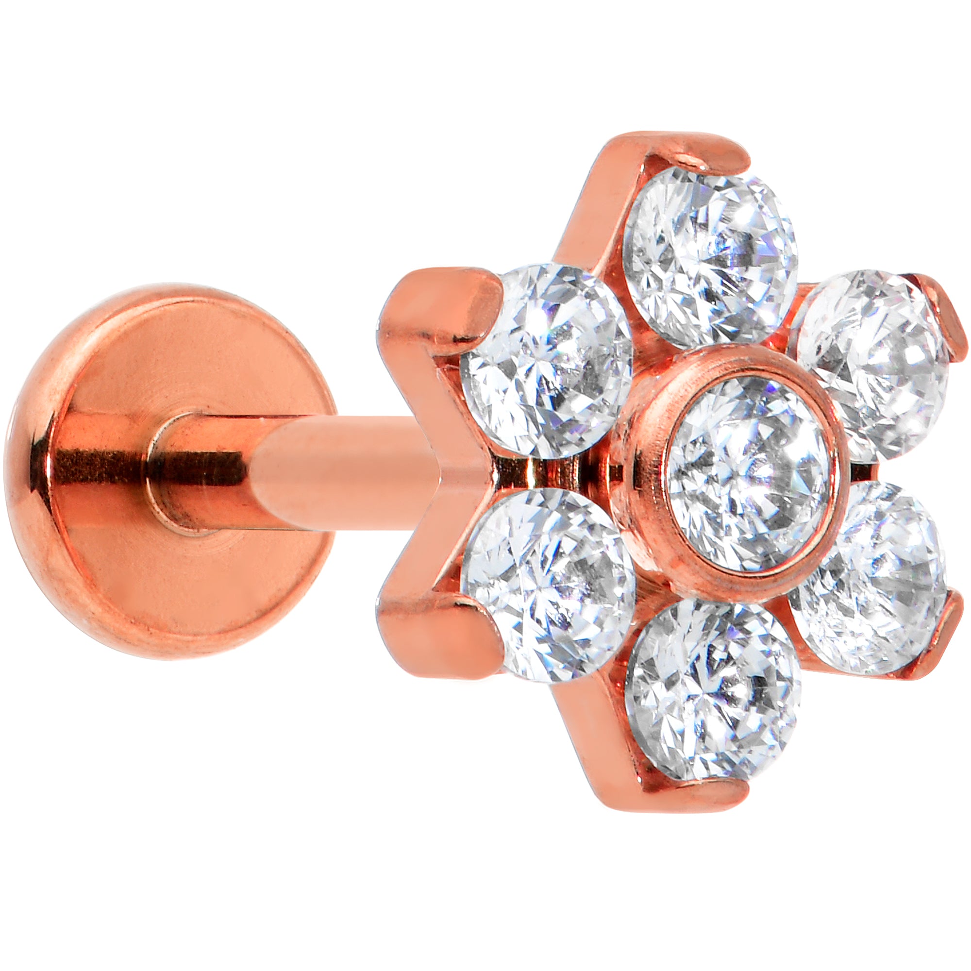 16G 5/16 Clear CZ Gem Rose Gold Hue G23 Titanium Flower Labret