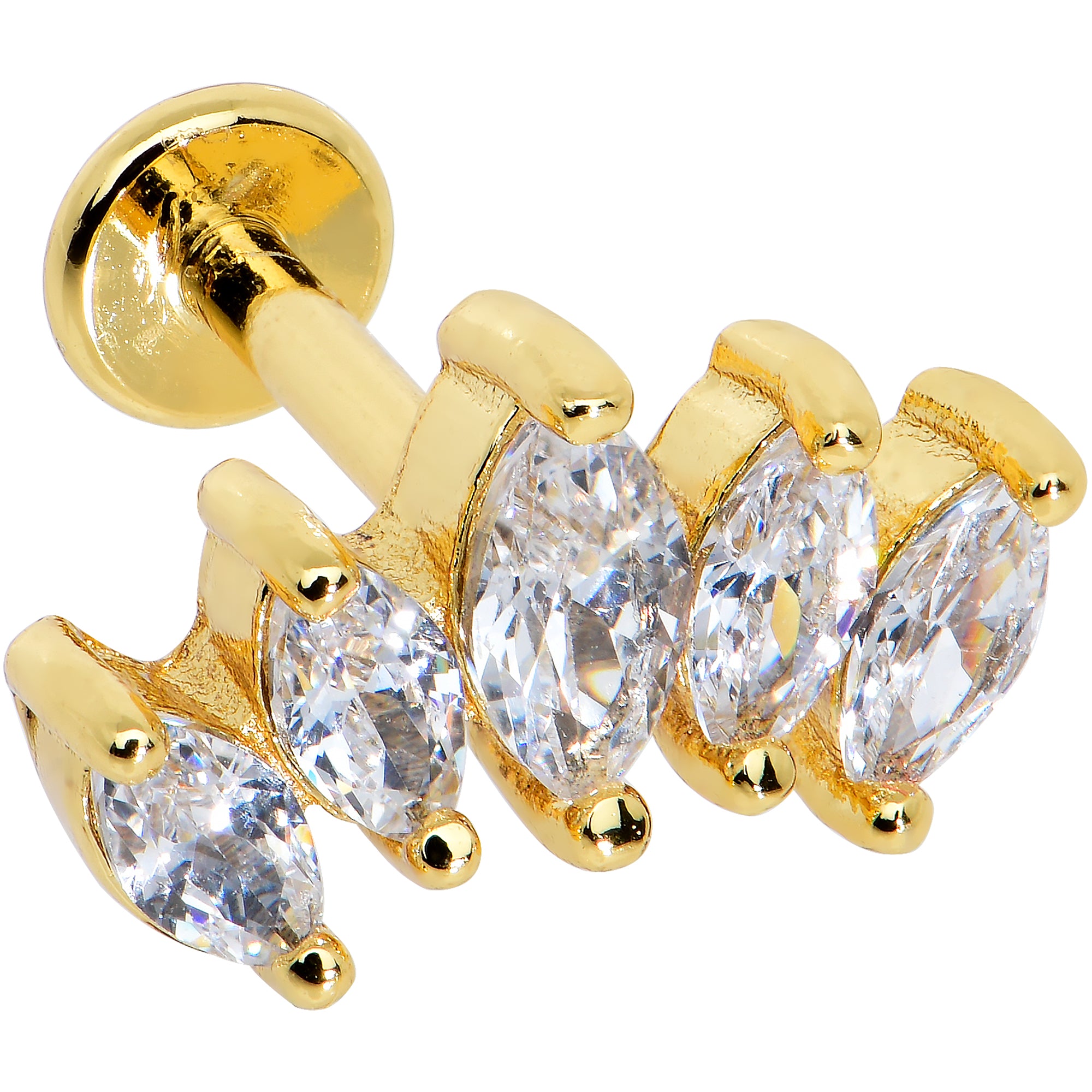 16G 1/4 Clear CZ Gem Gold Tone Fan Internal Thread Labret Tragus