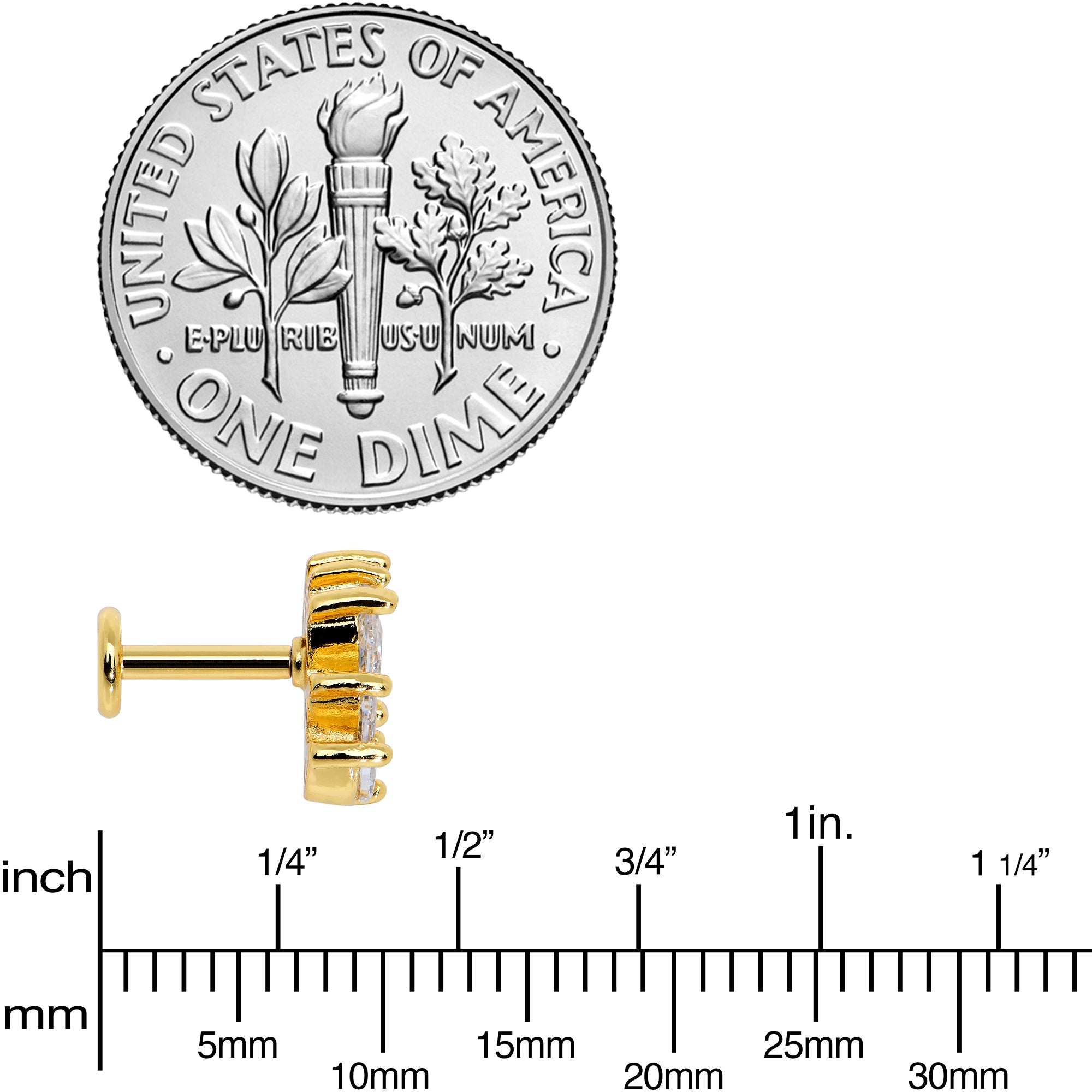 16G 1/4 Clear CZ Gem Gold Tone Fan Internal Thread Labret Tragus