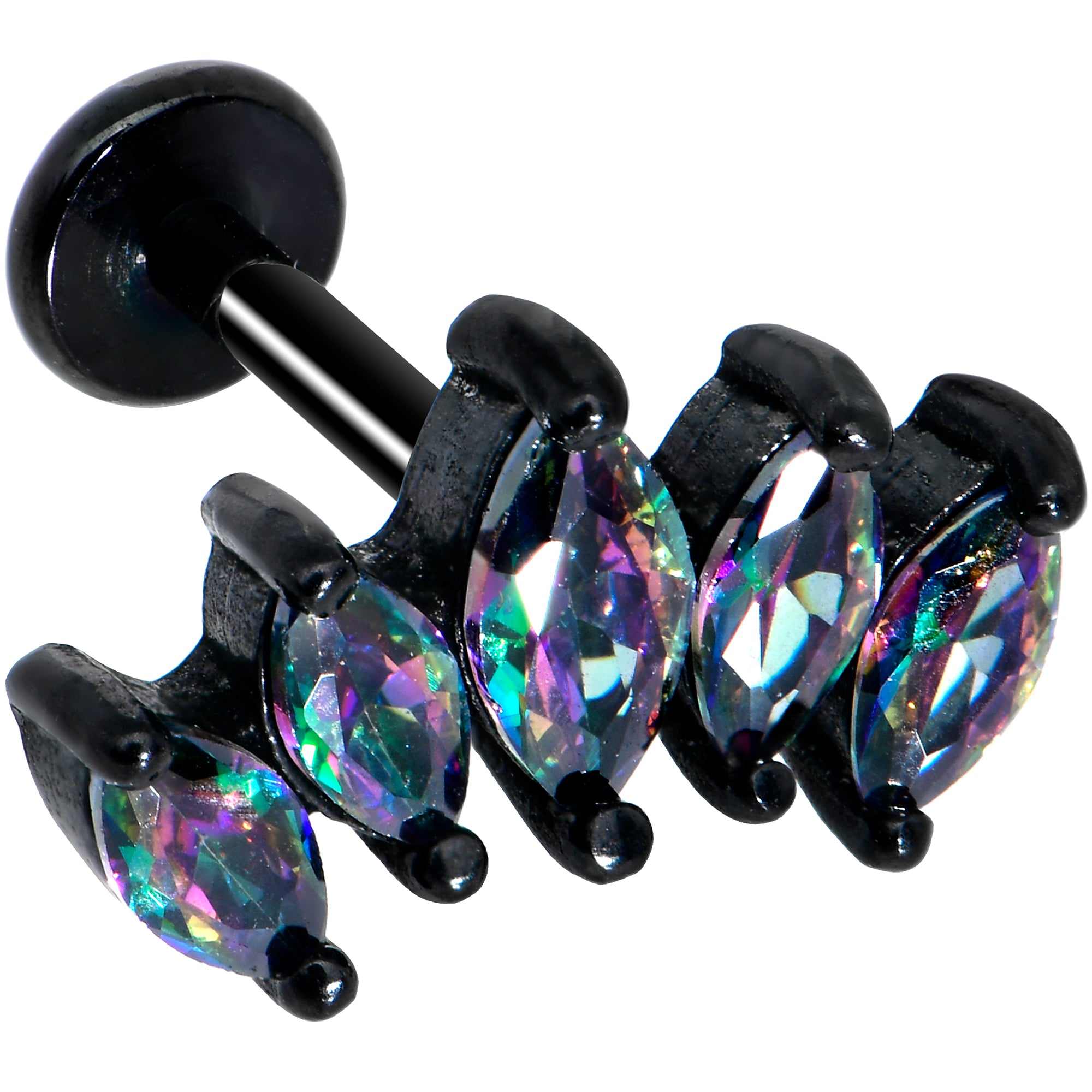 16G 1/4 Clear CZ Gem Black Fan Internally Threaded Labret Tragus