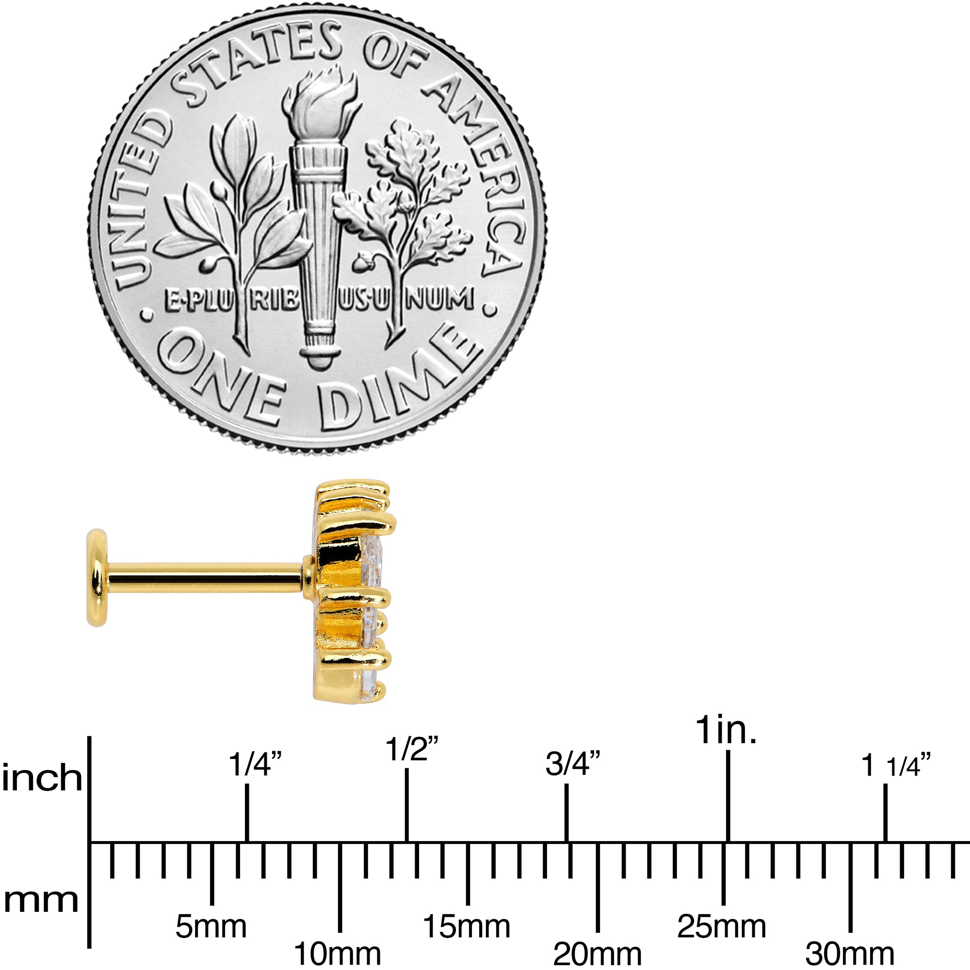 16G 5/16 Clear CZ Gem Gold Tone Crown Labret Monroe Tragus