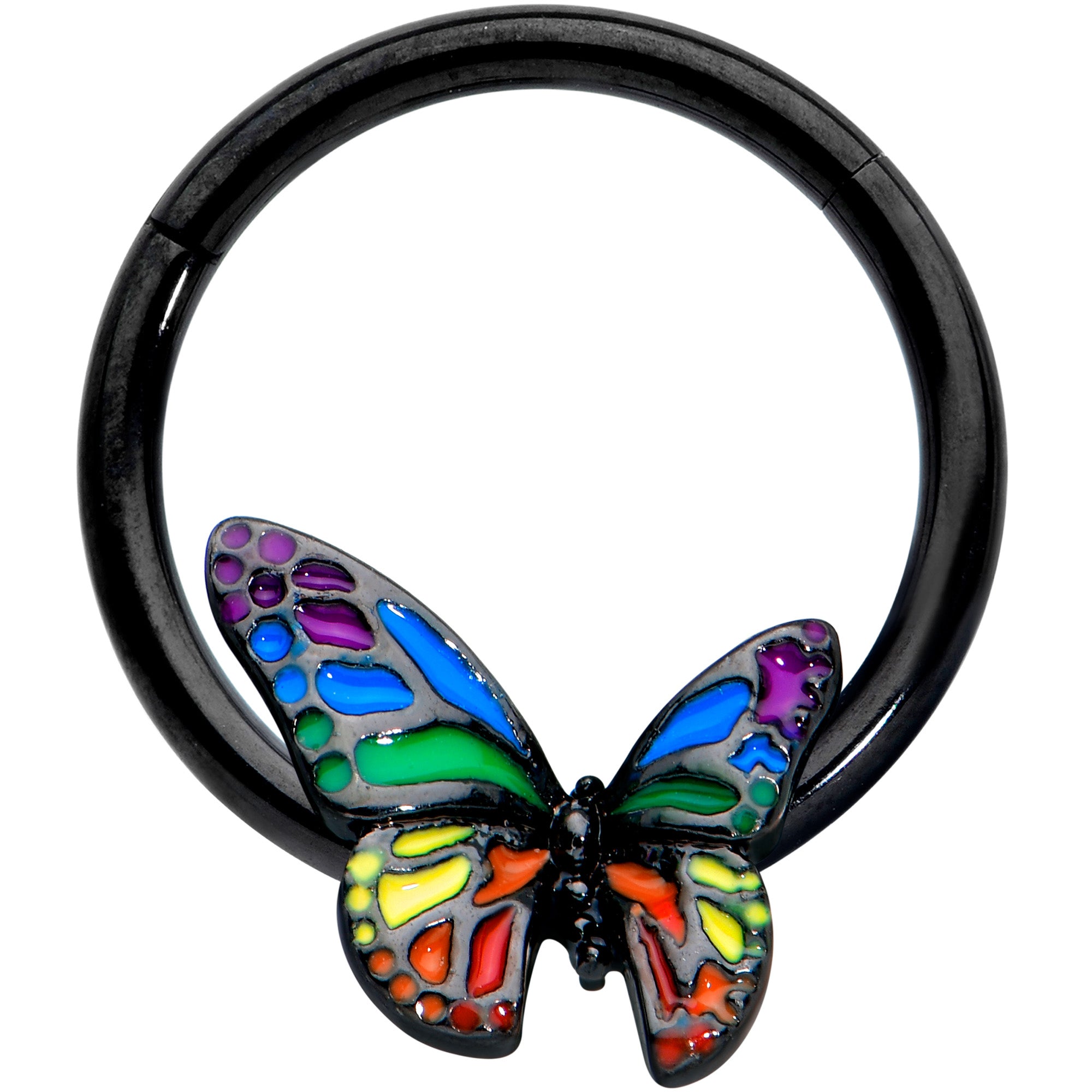 16G 3/8 Black Rainbow Pride Butterfly Hinged Segment Ring