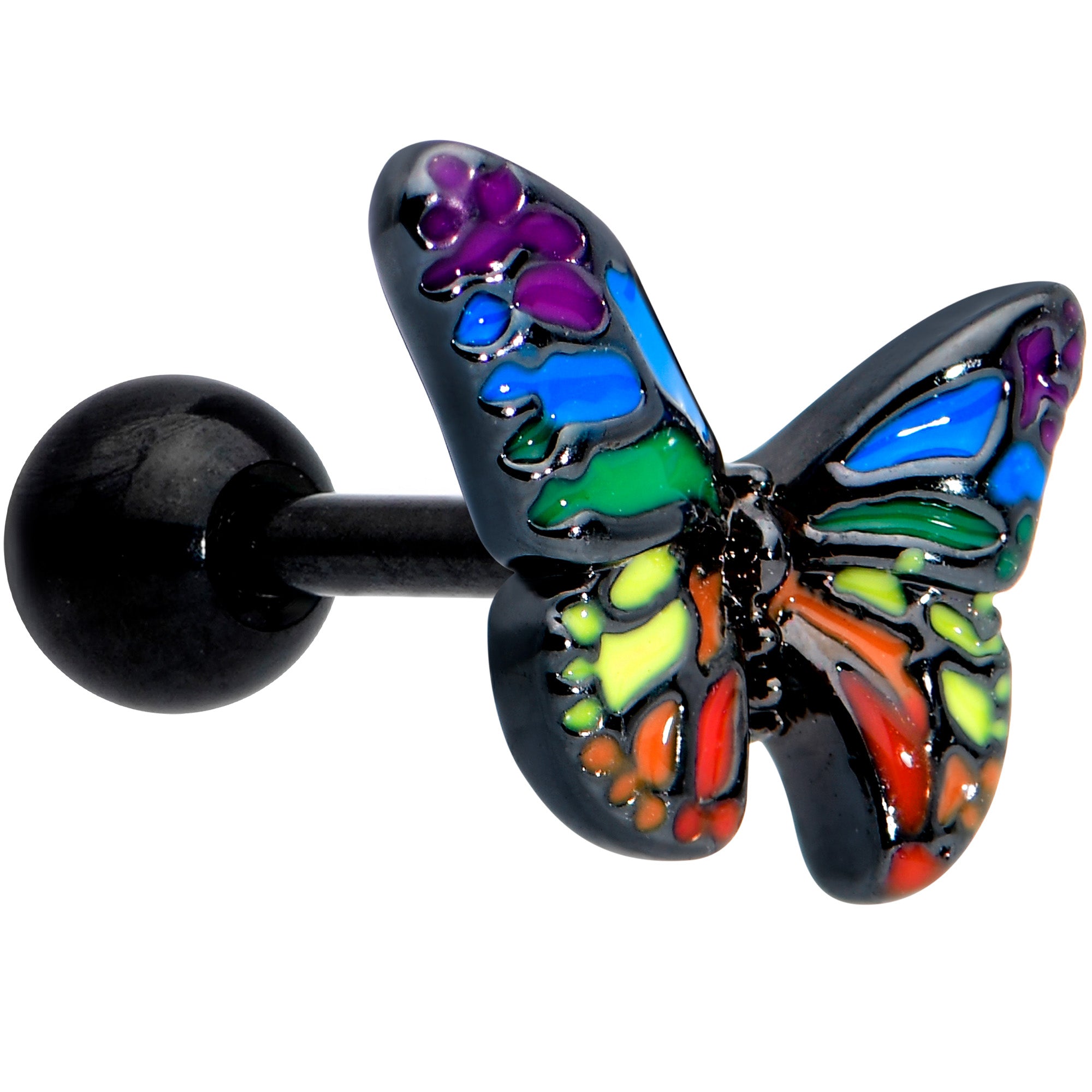 16G 1/4 Black Rainbow Pride Butterfly Cartilage Tragus Earring