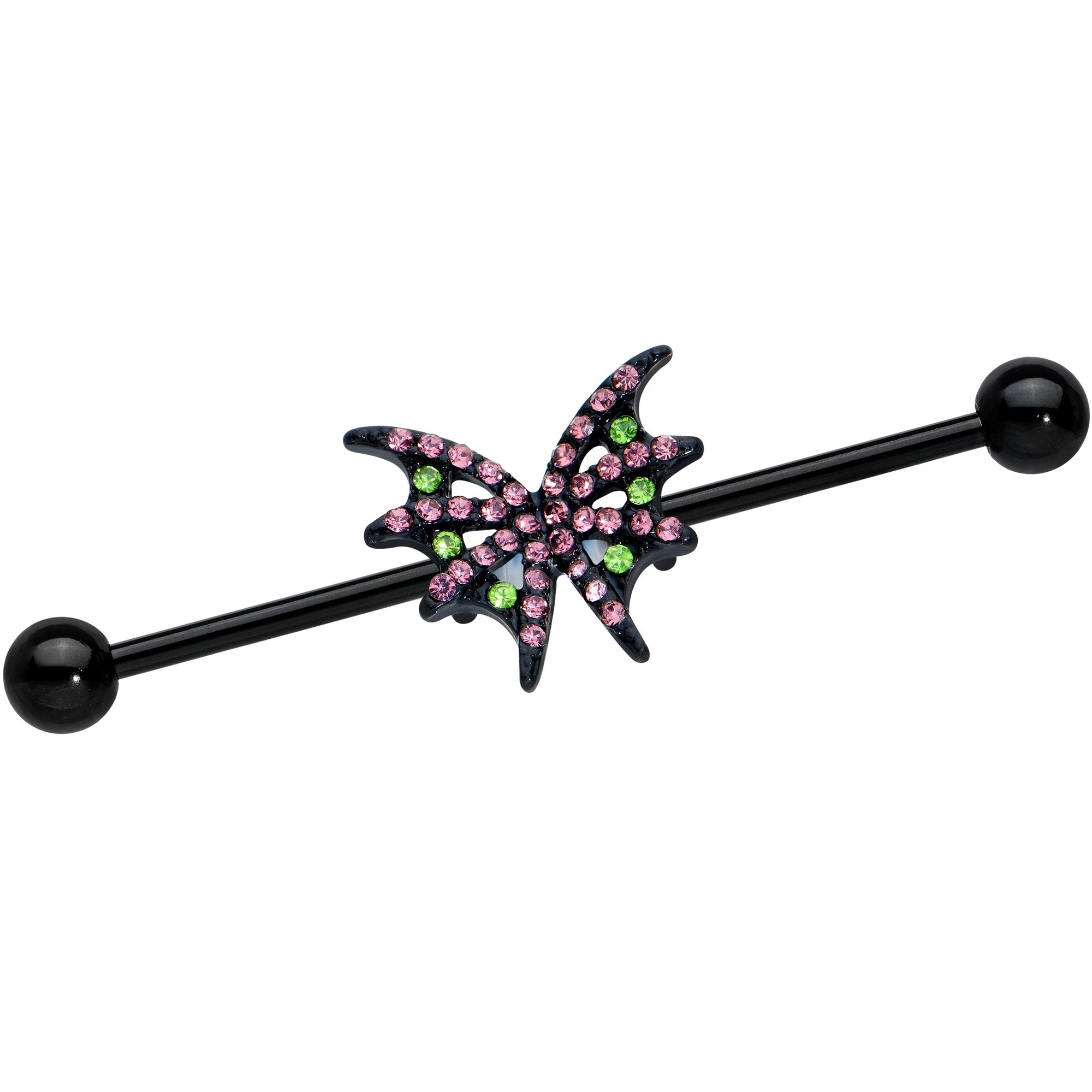 14G Pink Green Gem Black Bat Wing Industrial Barbell 38mm