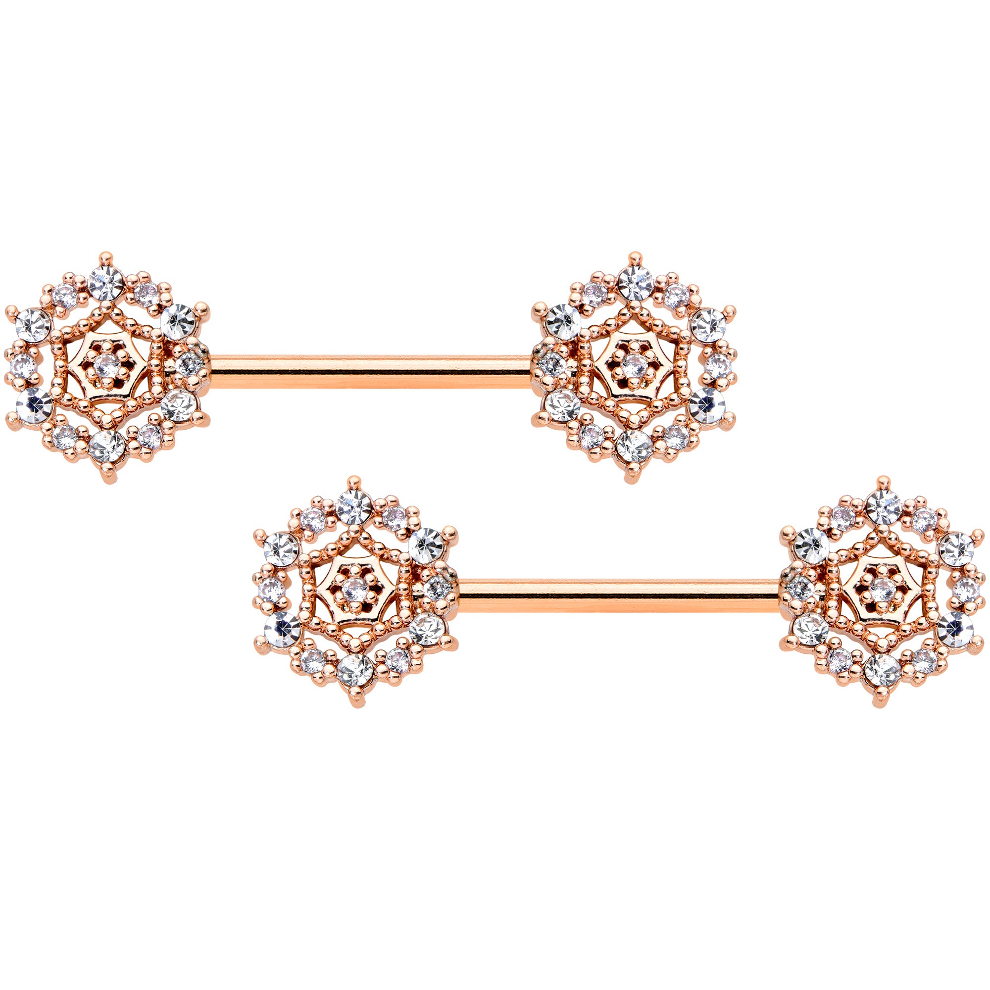 14G 9/16 Clear CZ Gem Rose Gold Hue Geometric Web Nipple Ring Set