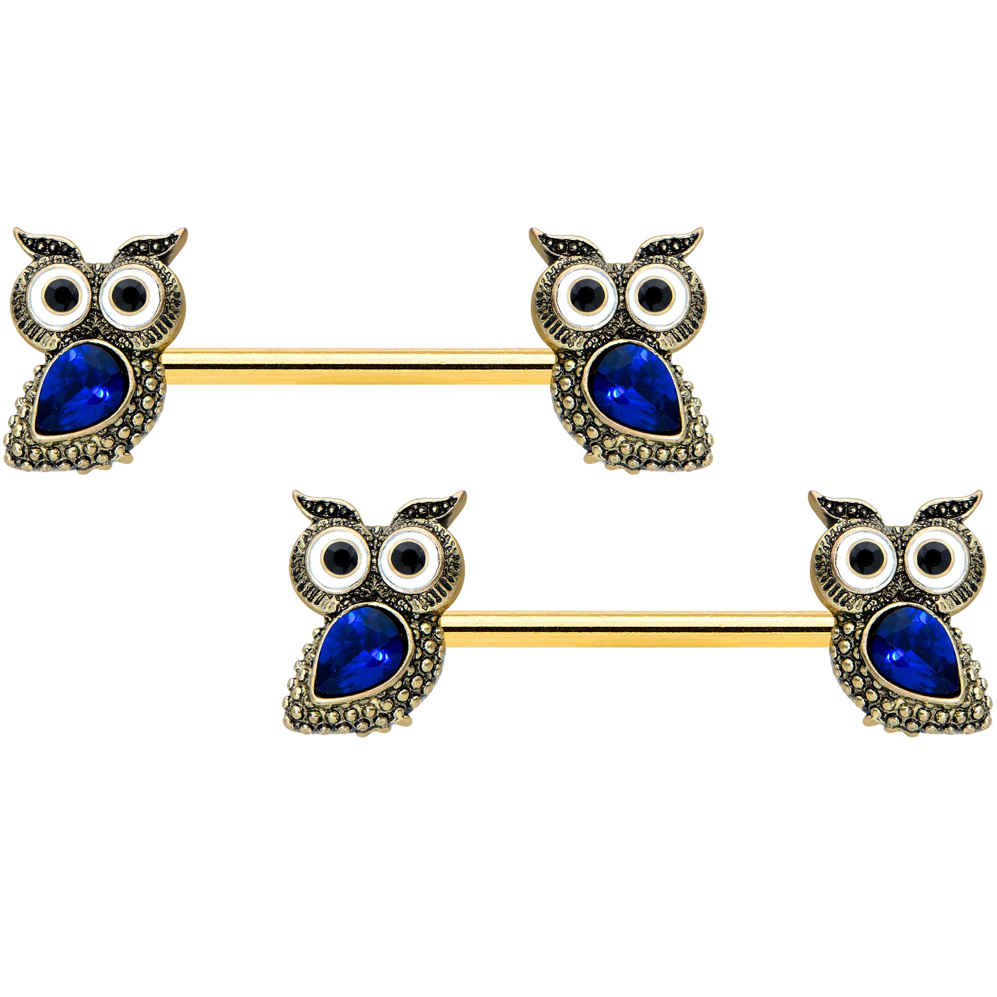 14G 9/16 Blue Gem Gold Tone Wide Eye Owl Barbell Nipple Ring Set