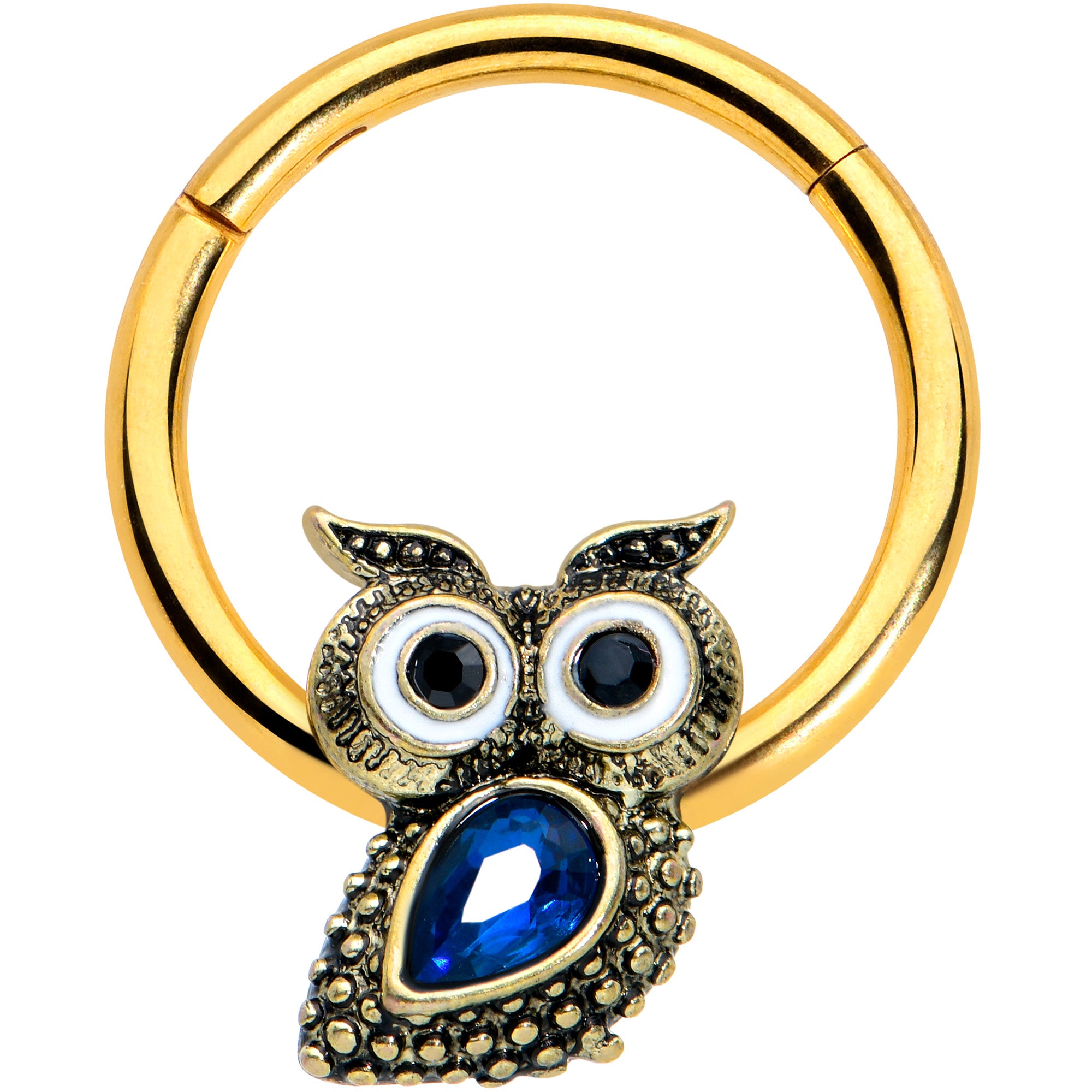 16G 3/8 Blue Gem Gold Tone Wide Eyed Owl Hinged Segment Ring