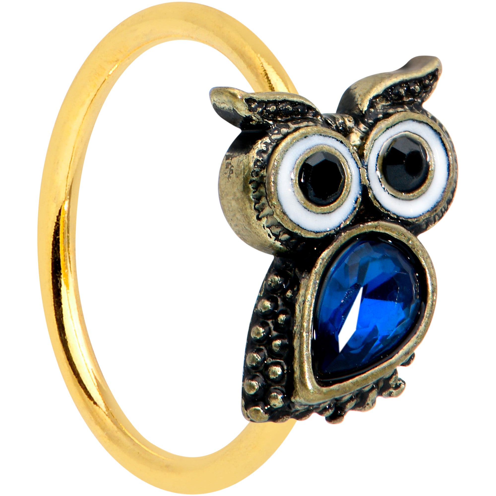 20G 5/16 Blue Gem Gold Tone Wide Eyed Owl Nose Hoop