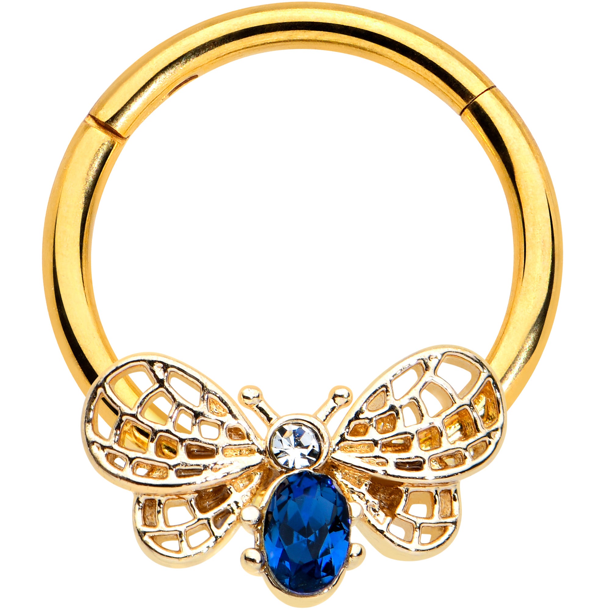 16G 3/8 Blue Gem Gold Tone Beautiful Bee Hinged Segment Ring
