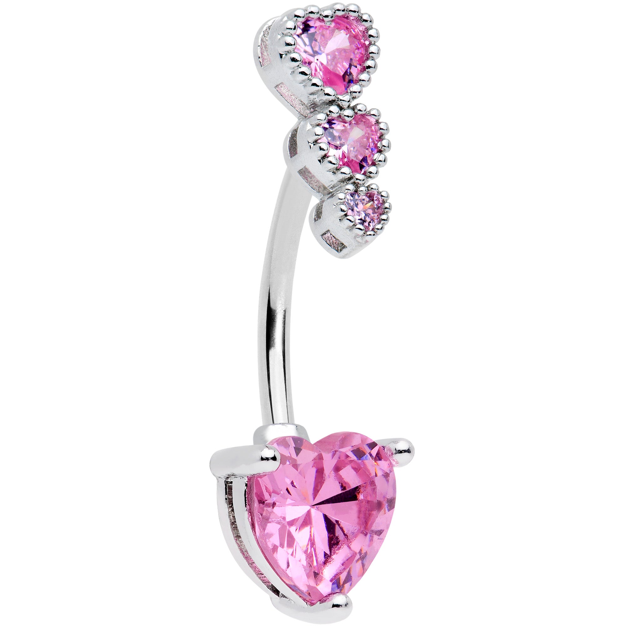 Pink CZ Gem Triple Heart Drop Heart Valentines Day Belly Ring