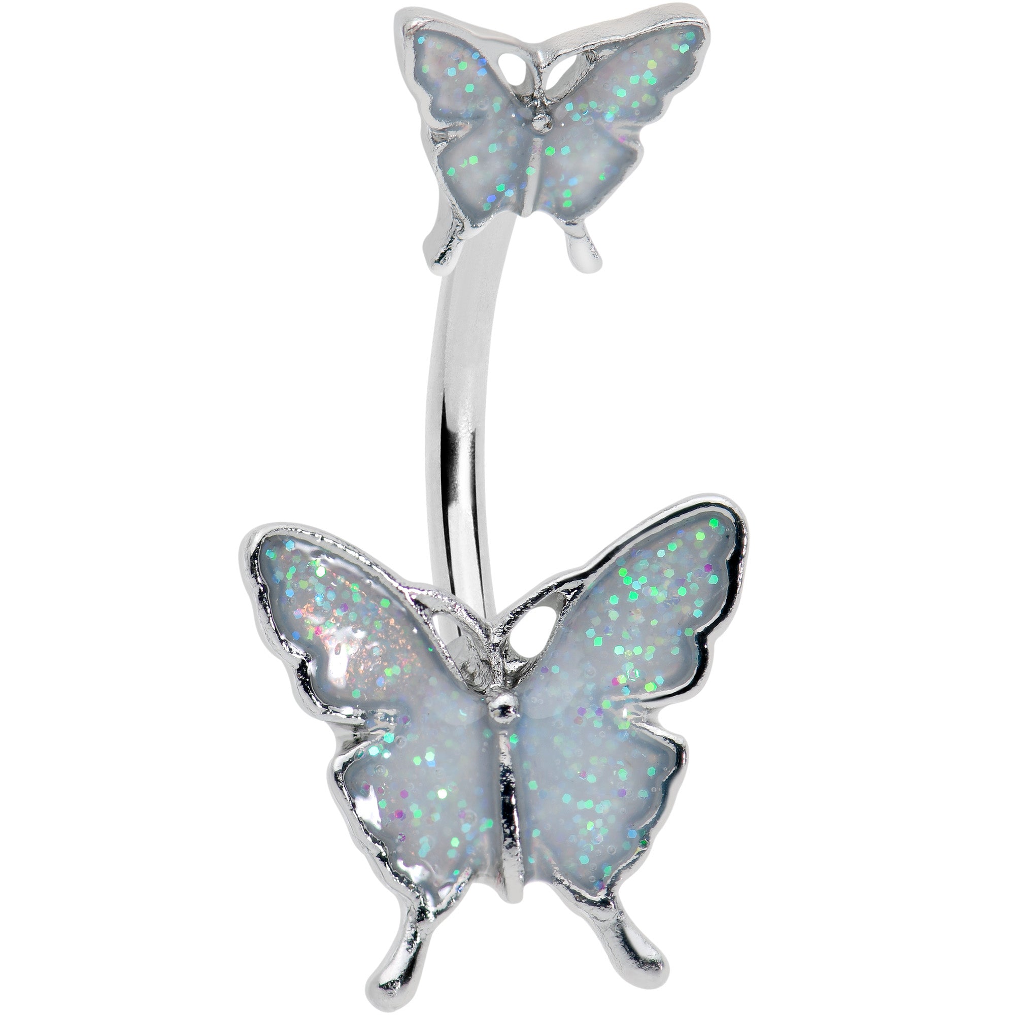 White Double Butterfly Glitter Wings Double Mount Belly Ring