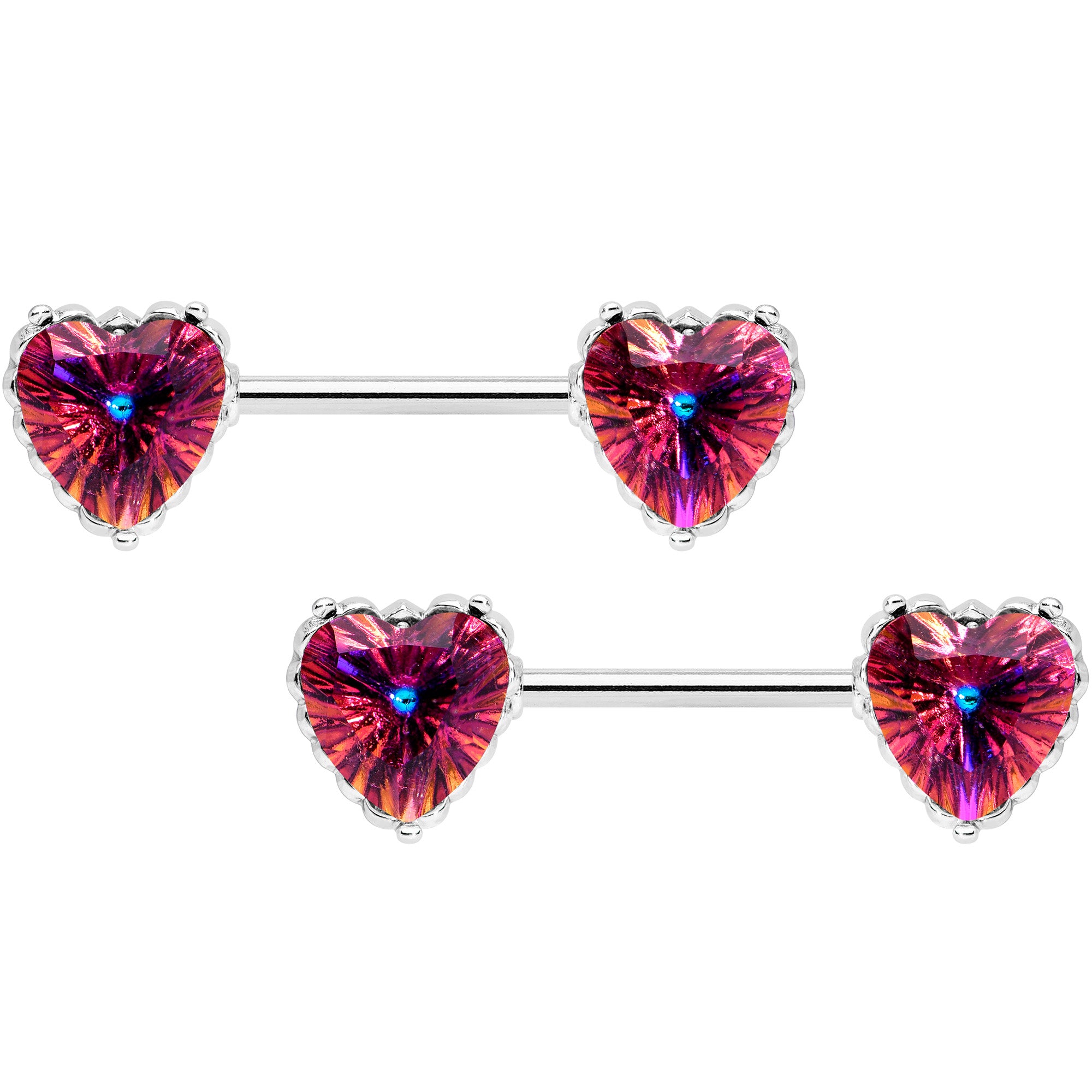 14G 9/16 Red CZ Gem Heart Love Valentine Barbell Nipple Ring Set