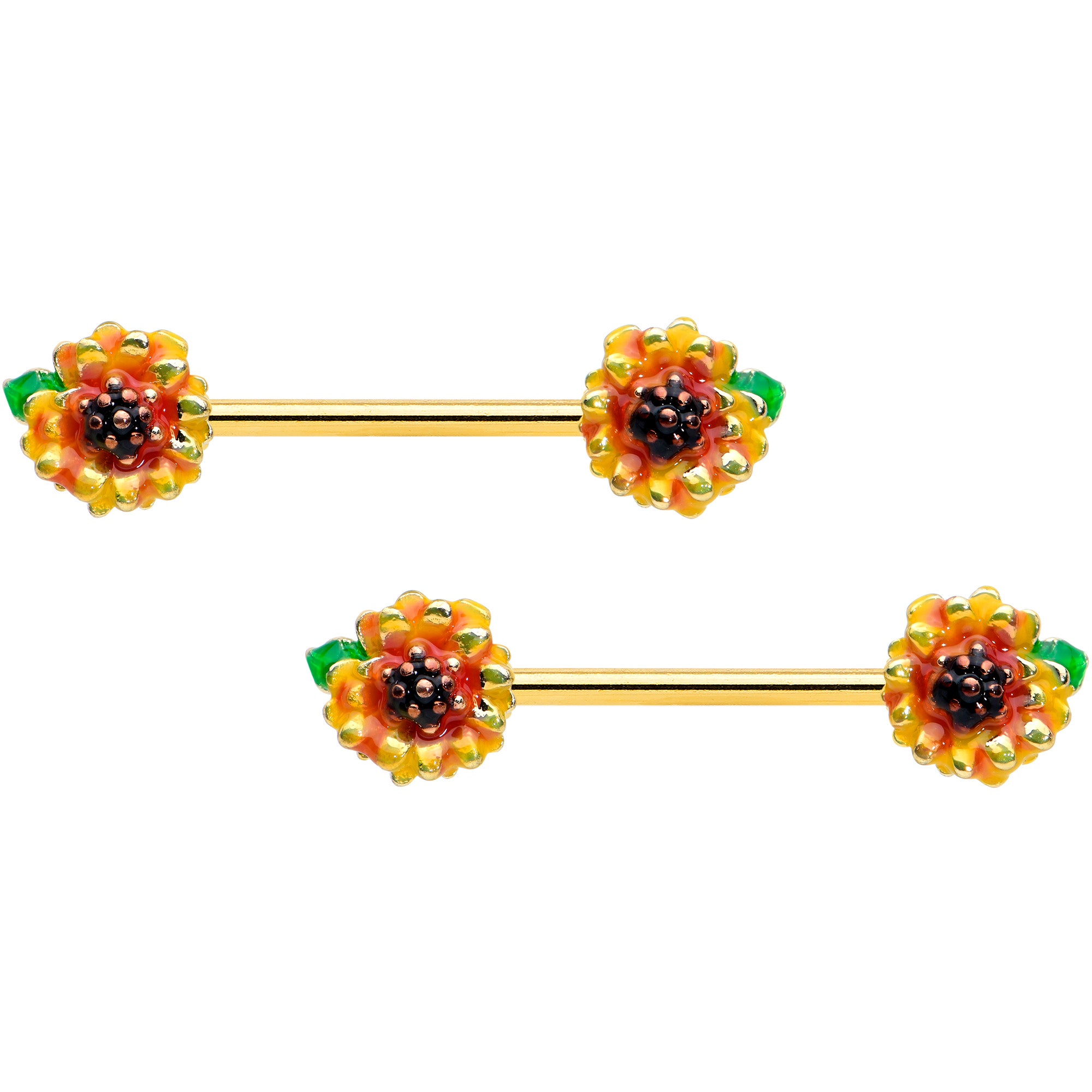 14G 9/16 Gold Tone Summer Sunflower Barbell Nipple Ring Set
