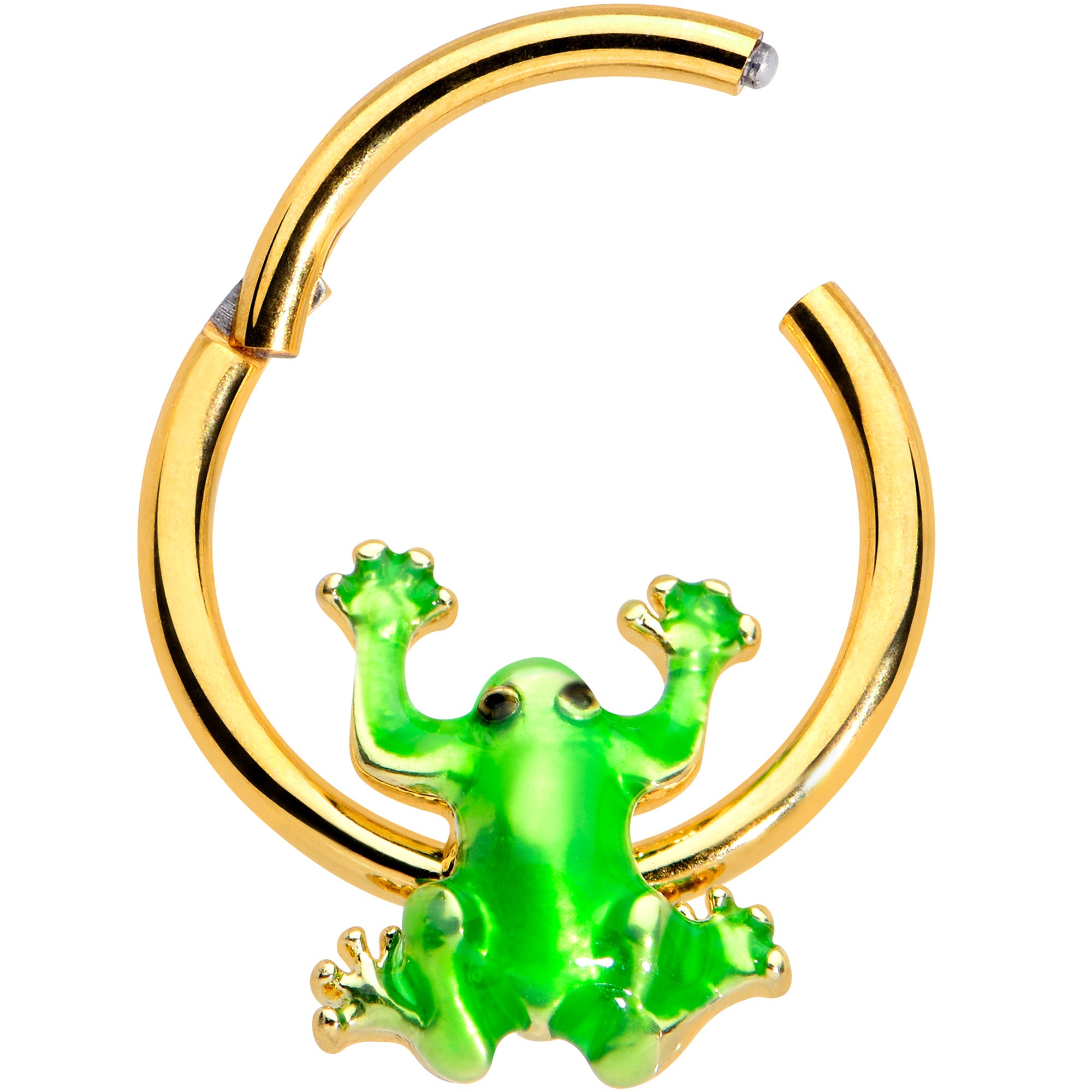 16G 3/8 Gold Tone Green Tree Frog Hinged Segment Ring