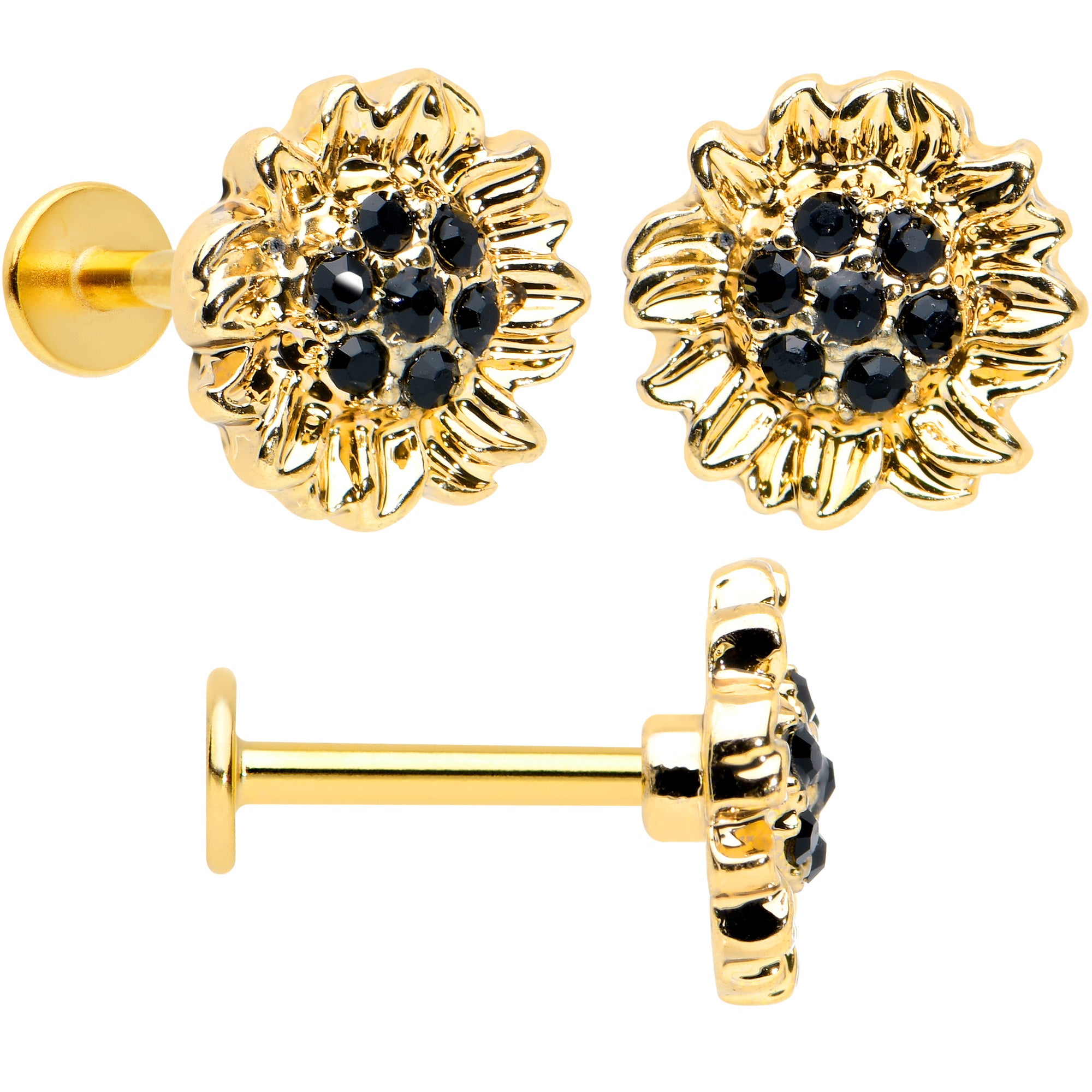 16G 5/16 Black Gem Gold Tone Bee Hive Labret Tragus Curation Set of 3