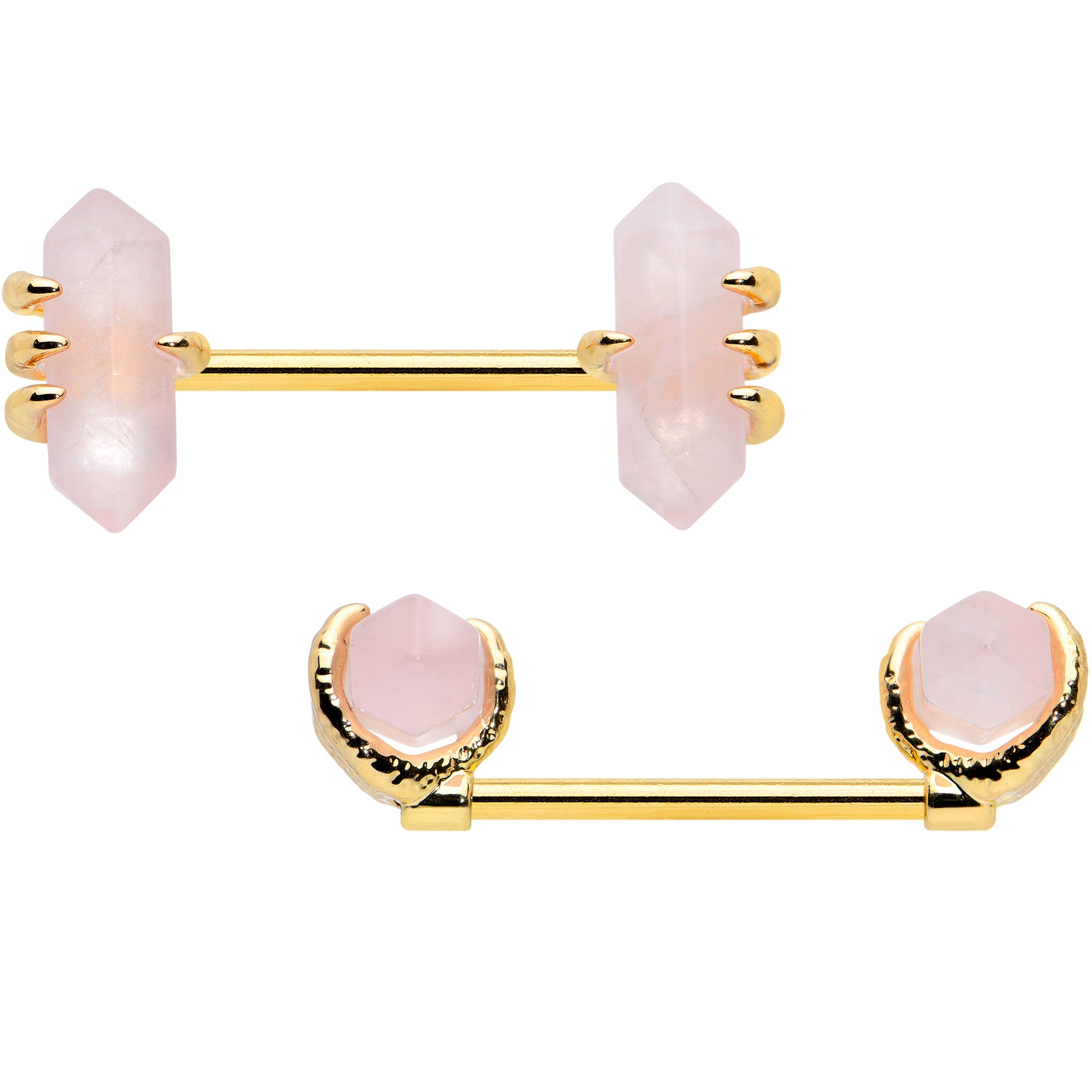 14G 9/16 Pink Rose Quartz Gold Tone Claw Barbell Nipple Ring Set