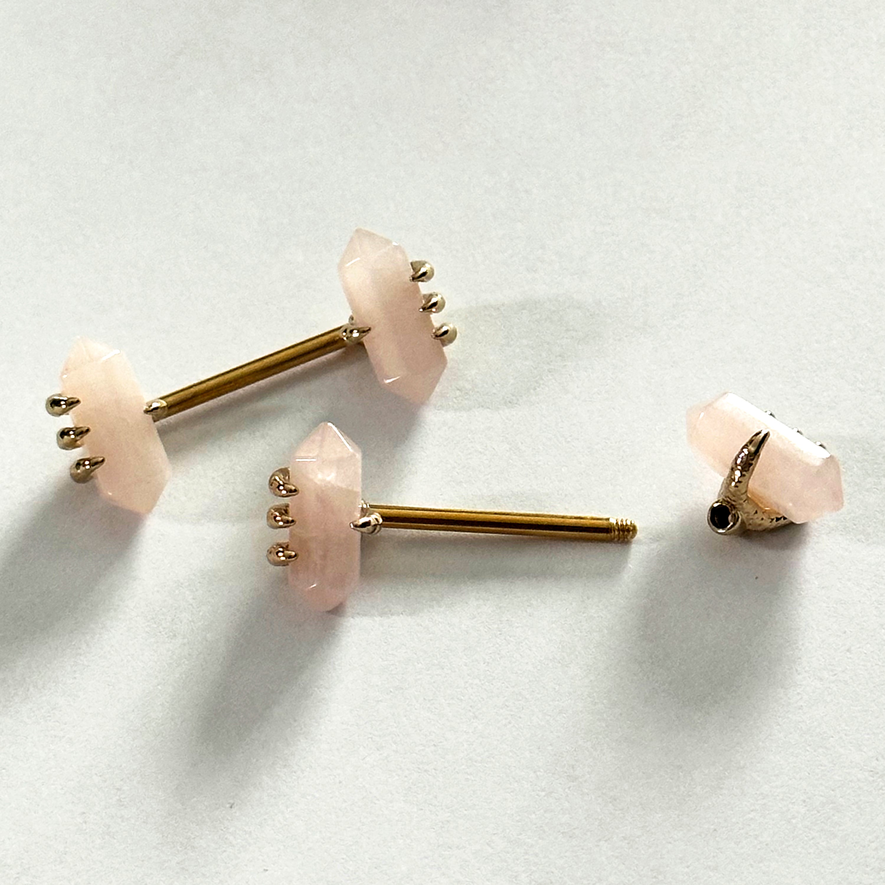 14G 9/16 Pink Rose Quartz Gold Tone Claw Barbell Nipple Ring Set