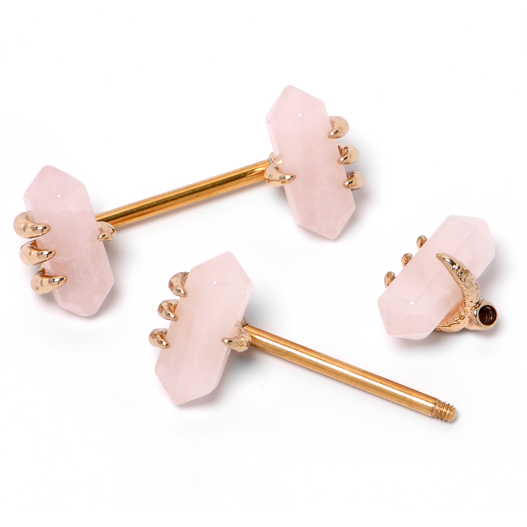 14G 9/16 Pink Rose Quartz Gold Tone Claw Barbell Nipple Ring Set