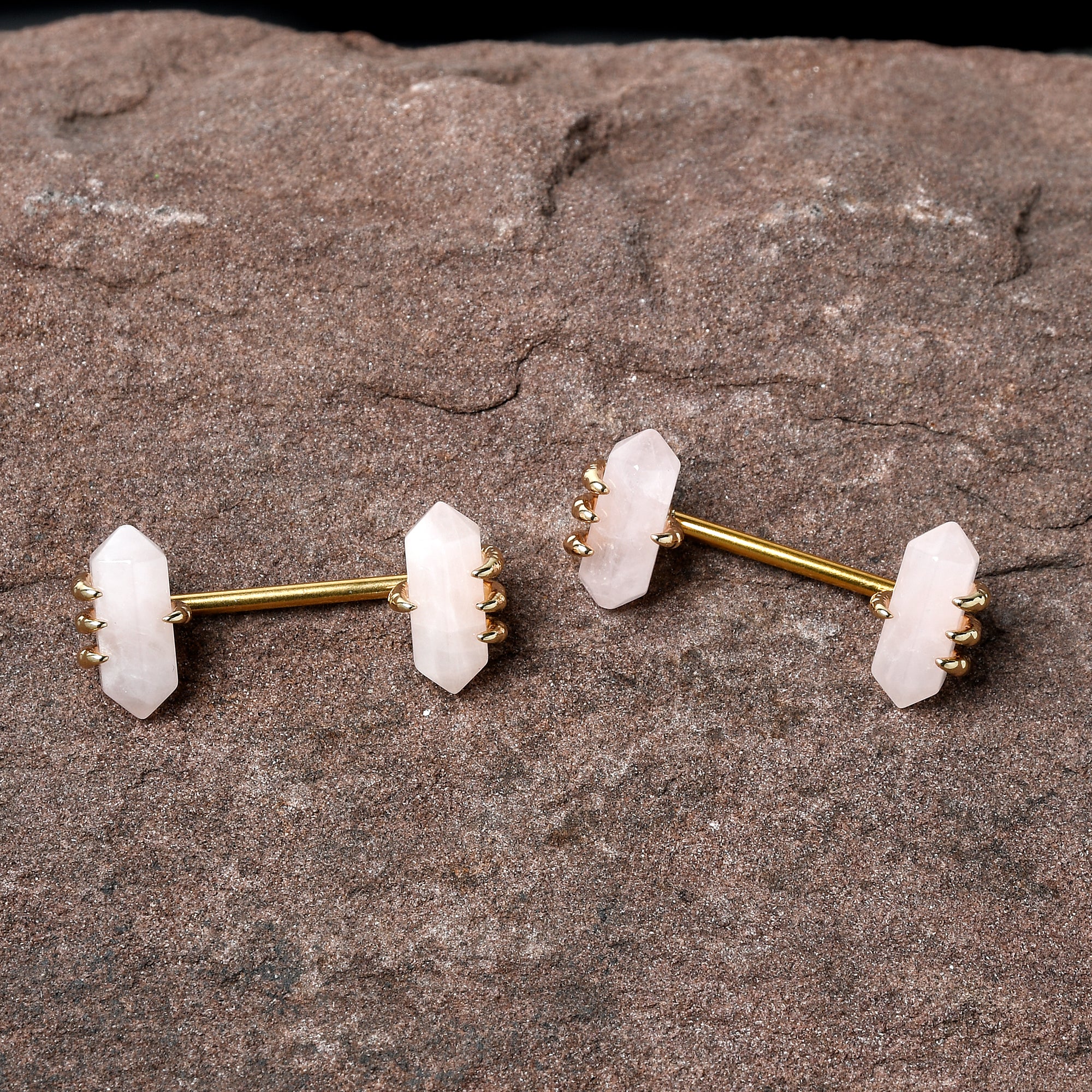 14G 9/16 Pink Rose Quartz Gold Tone Claw Barbell Nipple Ring Set