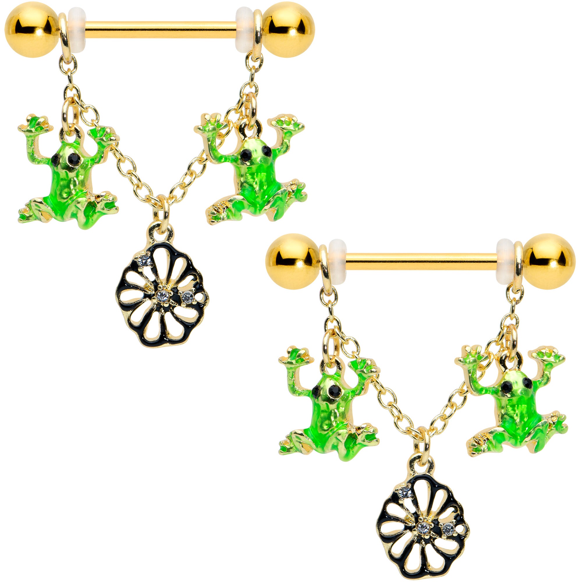 14G 5/8 Clear Gem Gold Tone Frog Flower Dangle Nipple Ring Set