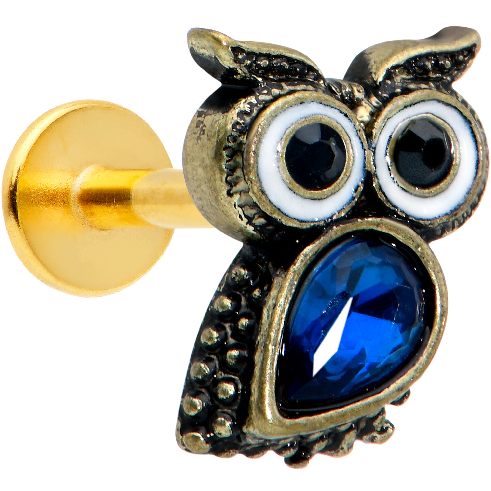 16G 5/16 Blue Gem Gold Tone Wide Eyed Owl Labret Monroe Tragus