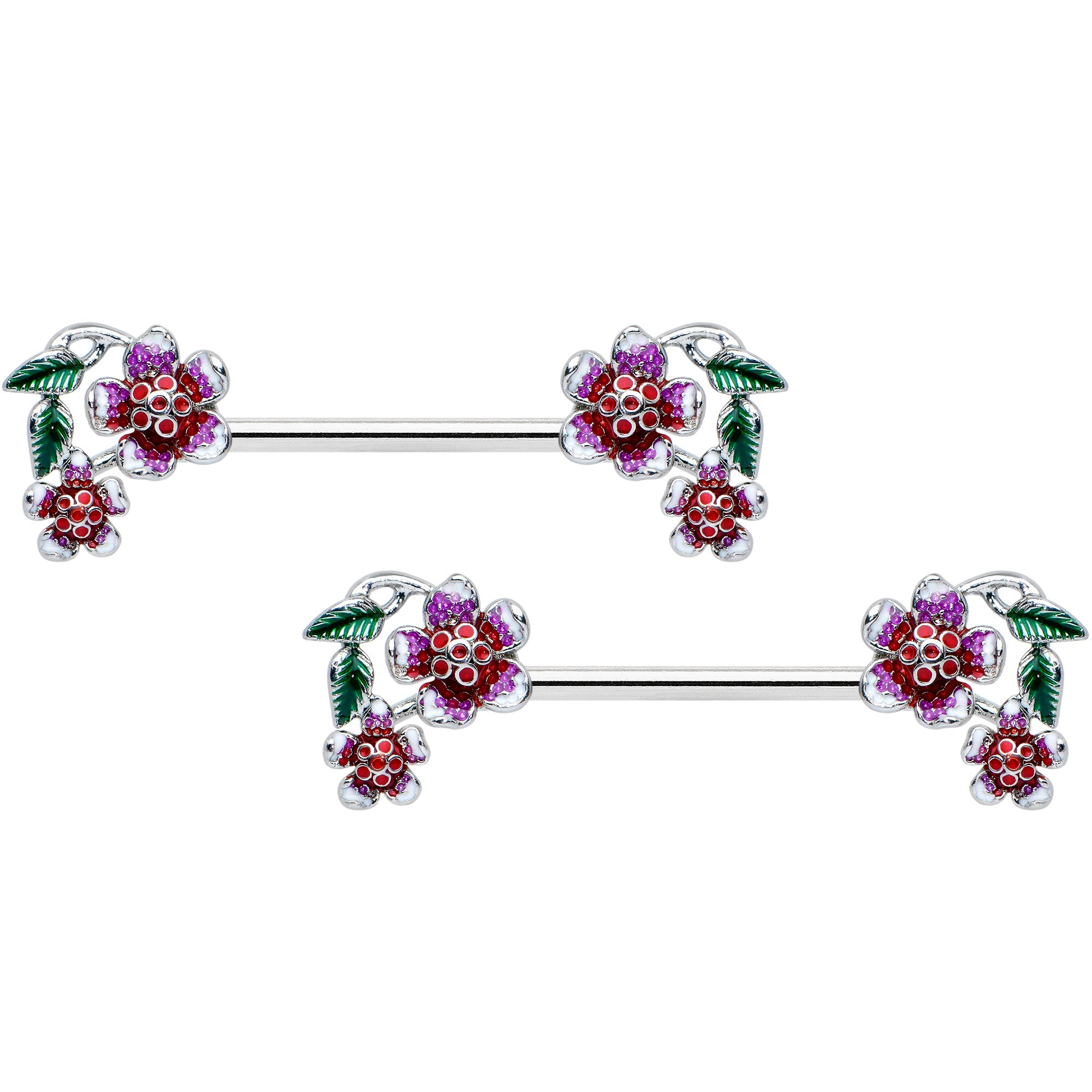 14G 9/16 Purple Red Flower in Flower Barbell Nipple Ring Set