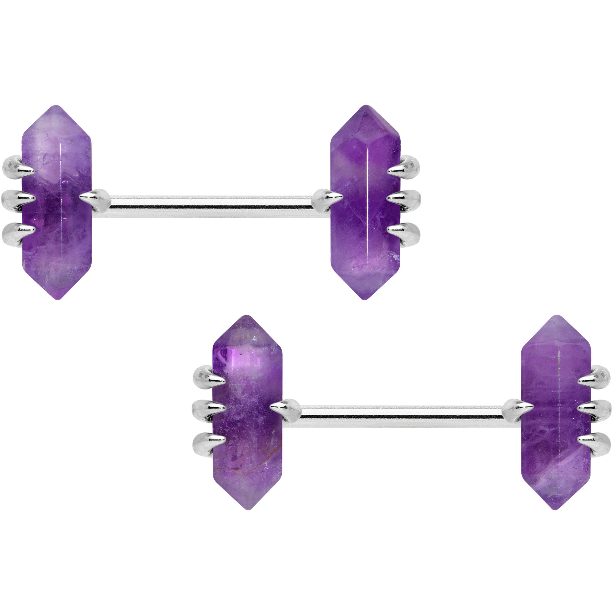 14G 9/16 Purple Amethyst Stone Obelisks Barbell Nipple Ring Set