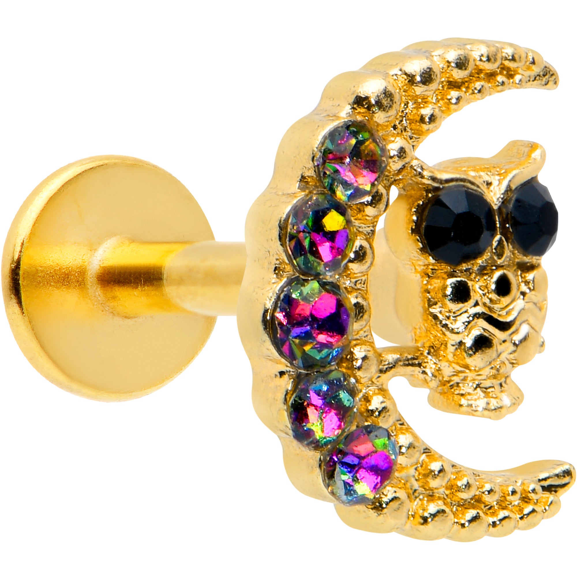 16G 5/16 Aurora Black Gem Gold Tone Owl Moon Labret Monroe Tragus