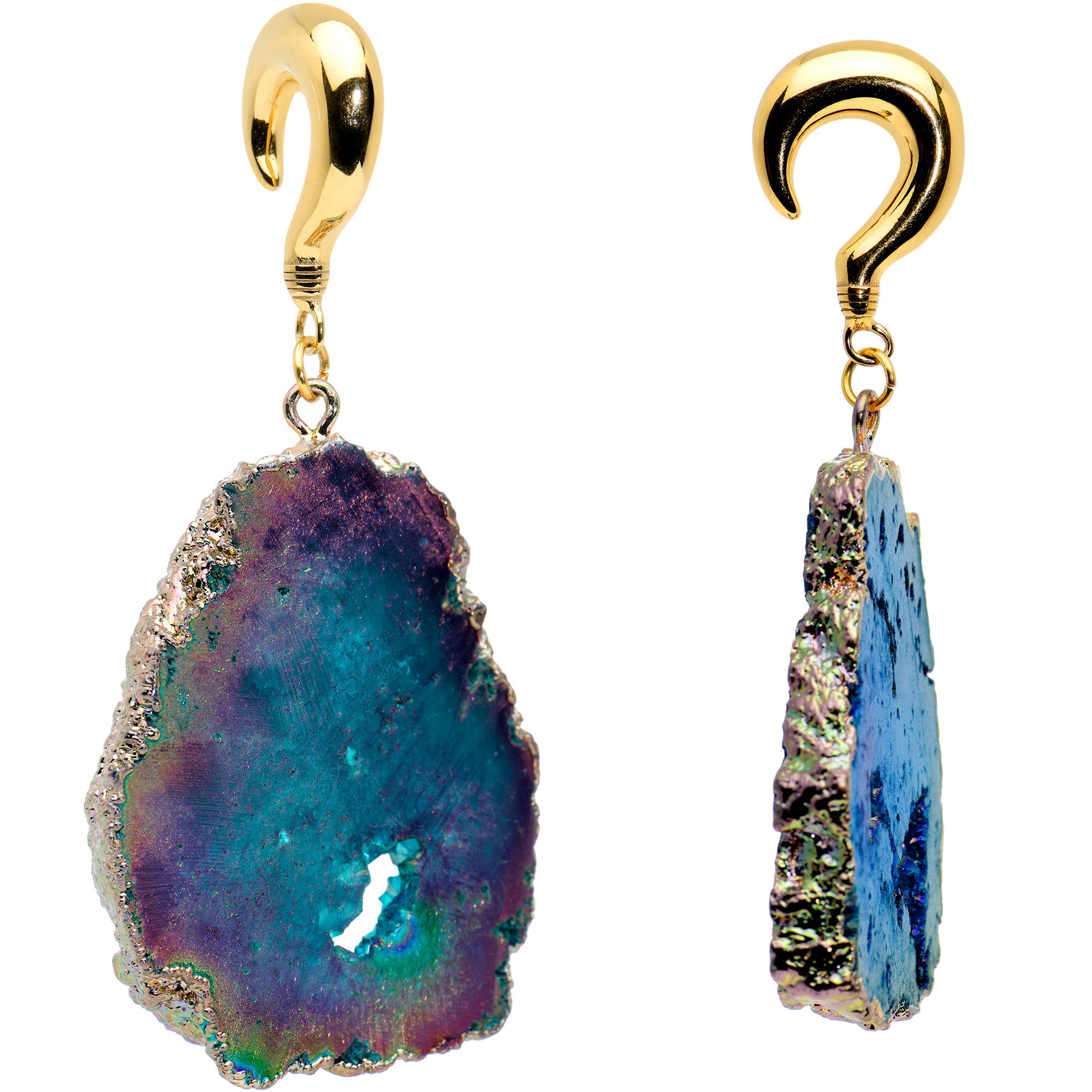 2G Gold Tone Blue Druzy Stone Curved Taper Ear Weights